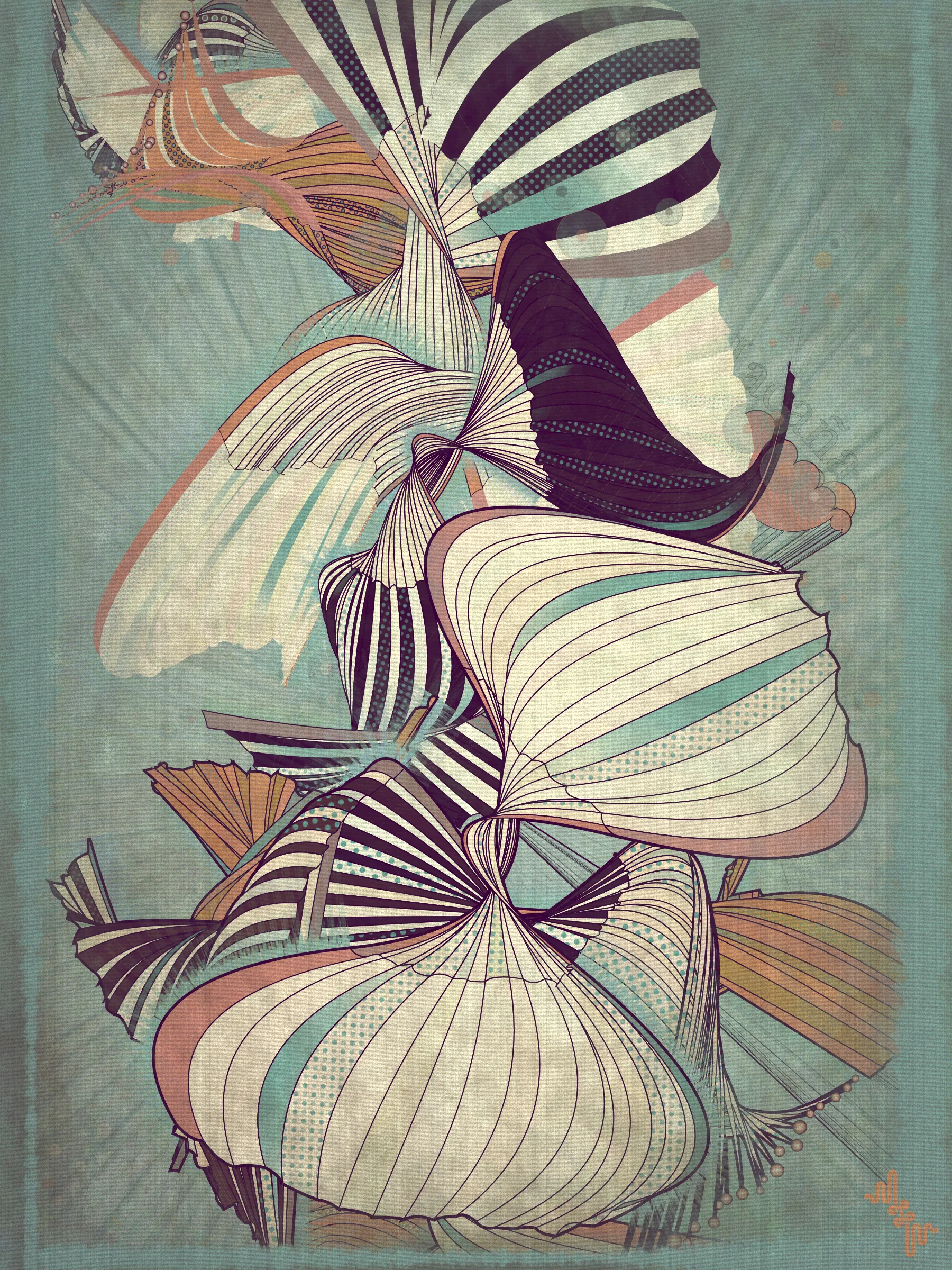 Velum: Latin for curtain.

Inspired by the question: What do you get if you blend the visual DNA of two mid 20th Century artistic movements into a 21st Century generative art algorithm?

The original ideas evolved by Abstract expressionism and Pop art tell very different stories in the history of post war American art. My approach however is more about just stealing from the visual lexicon of mark-making that characterizes these artistic movements ignoring much of the contextual conversations around them . When I started out building my first primitive for Velum I was picturing in my mind something that looked more like a gestural paint-stroke typical of abstract expressionistic painting. Adding Pop art stylized outlines to the structures however separated them from the background and gave them a floating quality. Liking this effect I quickly forgot about my first idea of making paint strokes to explore the emerging curtain-like elements and found ways to make them dance.