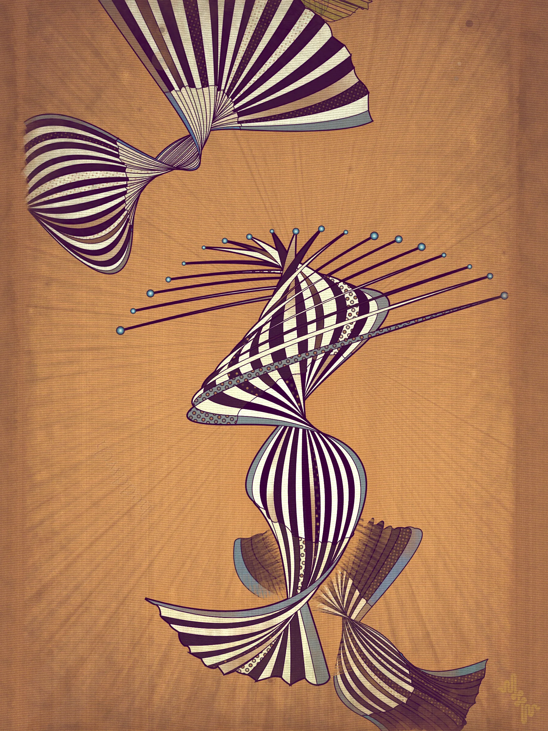 Velum: Latin for curtain.

Inspired by the question: What do you get if you blend the visual DNA of two mid 20th Century artistic movements into a 21st Century generative art algorithm?

The original ideas evolved by Abstract expressionism and Pop art tell very different stories in the history of post war American art. My approach however is more about just stealing from the visual lexicon of mark-making that characterizes these artistic movements ignoring much of the contextual conversations around them . When I started out building my first primitive for Velum I was picturing in my mind something that looked more like a gestural paint-stroke typical of abstract expressionistic painting. Adding Pop art stylized outlines to the structures however separated them from the background and gave them a floating quality. Liking this effect I quickly forgot about my first idea of making paint strokes to explore the emerging curtain-like elements and found ways to make them dance.