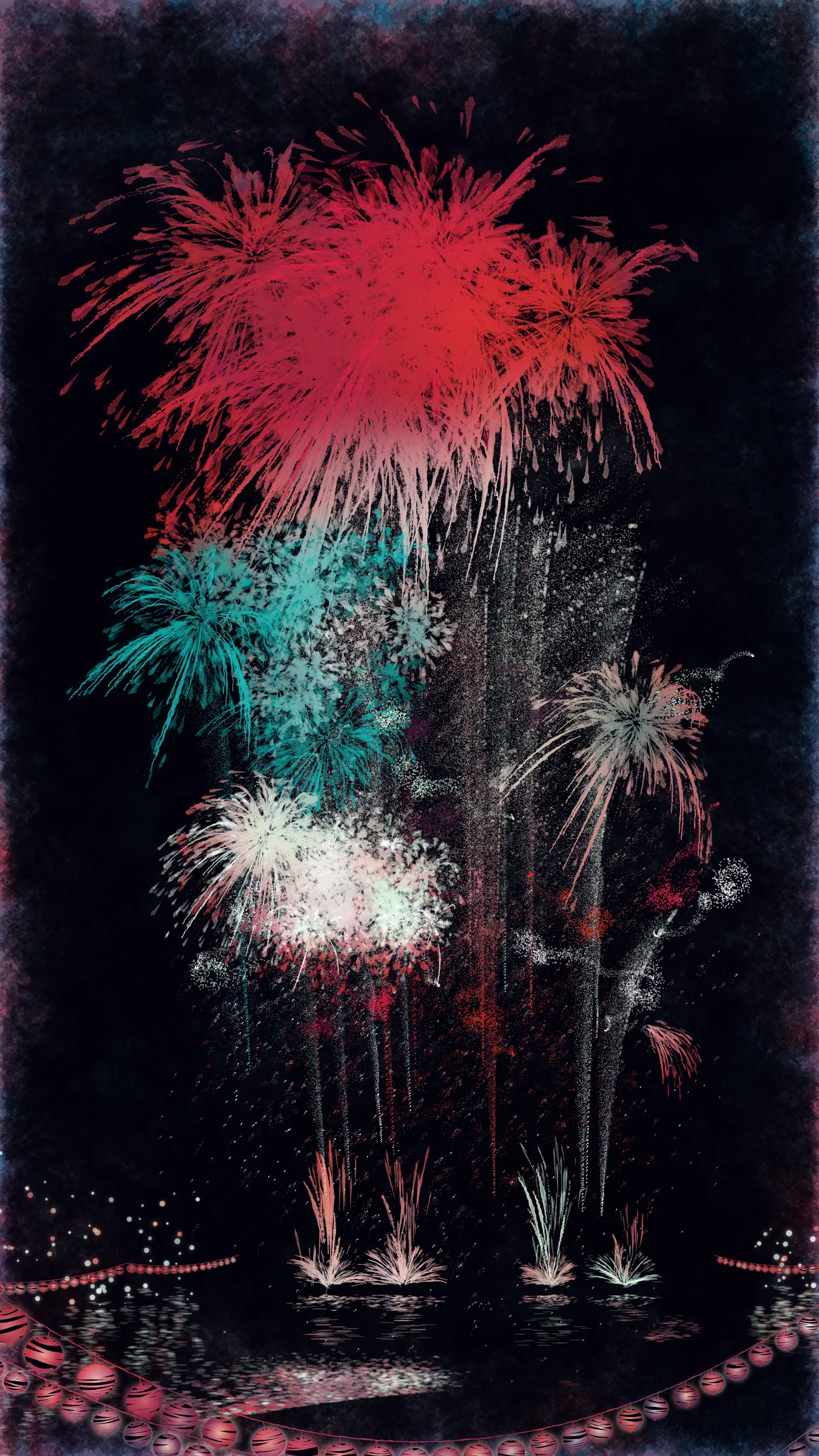 The theme of this work is fireworks and festivals, which symbolizes summer in Japan.

With fireworks as the central theme, it consists of the water surface reflecting the fireworks, the city lights in the distance, the silhouettes of the torii gates and arch bridge, and the twinkling lanterns. The shady black background expresses the smoky atmosphere.

The drawing algorithm of the work is inspired by traditional woodblock prints and contemporary scratch art. Base layer is drawn with pale watercolor-like gradation. On top of that, the shady black background is drawn. Then, the outline of the fireworks is carved out.

The color of fireworks is based on a chemical reaction called a flame reaction. The color palette of this work is also composed of typical flame reaction colors or their mixtures. Each color palette is inspired by the four seasons in Japan.

Enjoy the atmosphere of Japanese firework festivals with this work.