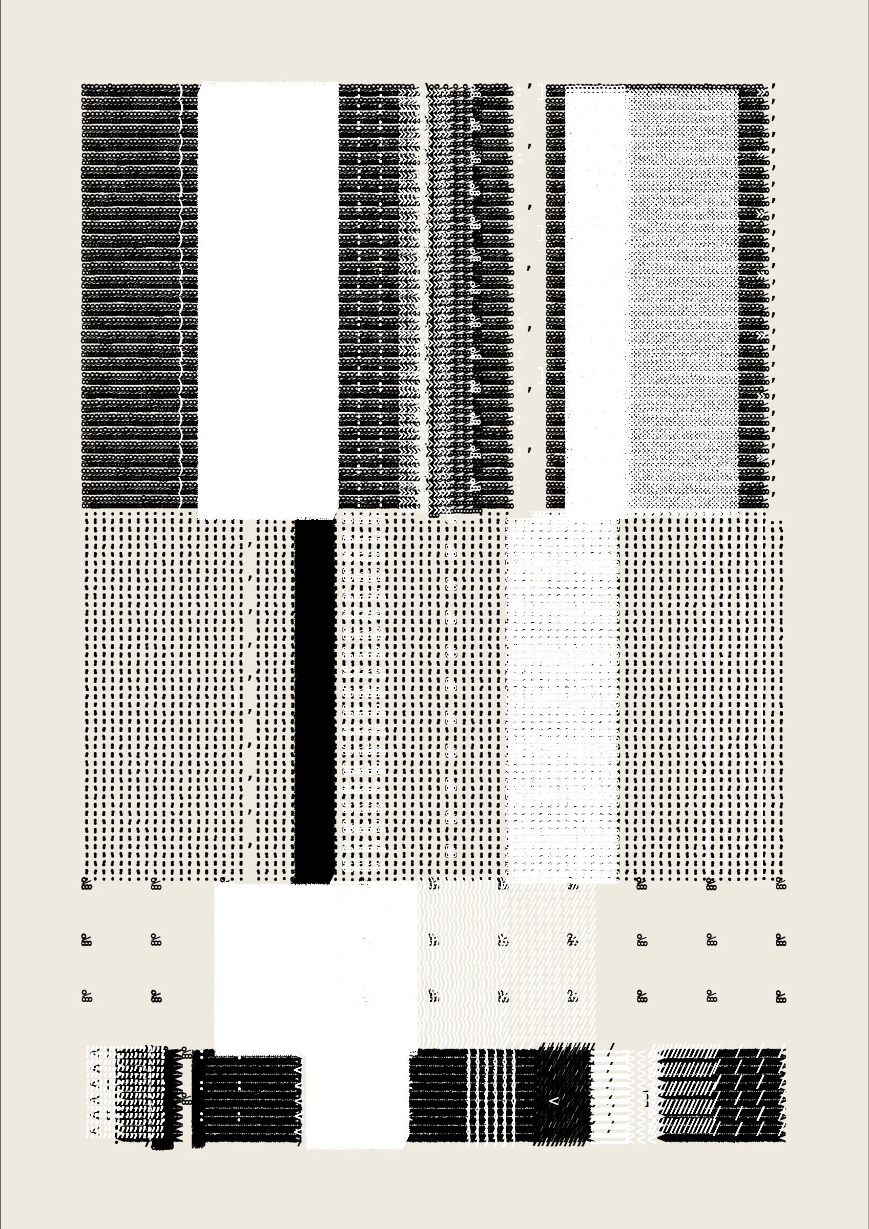 FOLIO is a generative drawing system, inspired by concrete poetry and early computer artwork, that emits an output process for a given input. Each output may be realized digitally, in print, or through another medium. The drawing system, coded in JavaScript, recursively packs bins of data to fill the page, constrained entirely by the use of typographic glyphs and a limited mono-, duo-, or tri-colour palette.