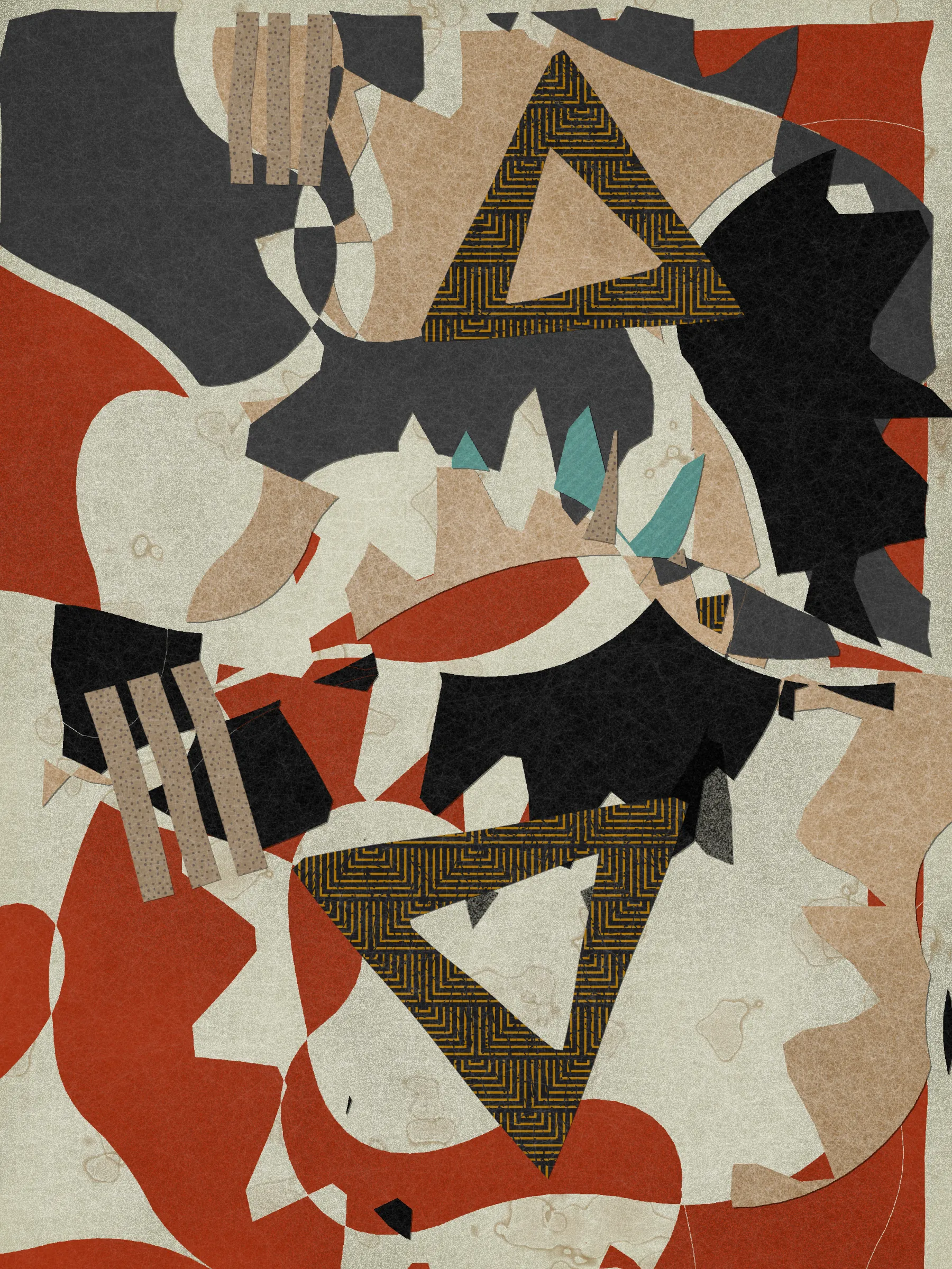 *Off Script* is a generative system that explores sensoriality through the subject of collage. At its core, the series uses a custom masking algorithm to cut out shapes from algorithmically produced papers, which are then arranged throughout the canvas. It is programmed in Javascript.

Much like the practice of collage itself, *Off Script* elicits a deeply sensorial experience. Generative textures induce a sense of tactility, while askew jagged shapes evoke the punctuated off-beat sounds of jazz. With its synesthetic qualities, the series challenges its own medium, creating a dialogue between the immateriality of digital representation and the corporality of the physical realm. 

*Off Script*'s visual language references various 20th century modern art movements that similarly emphasized medium and material through distilled expressions of shape, color, and composition.