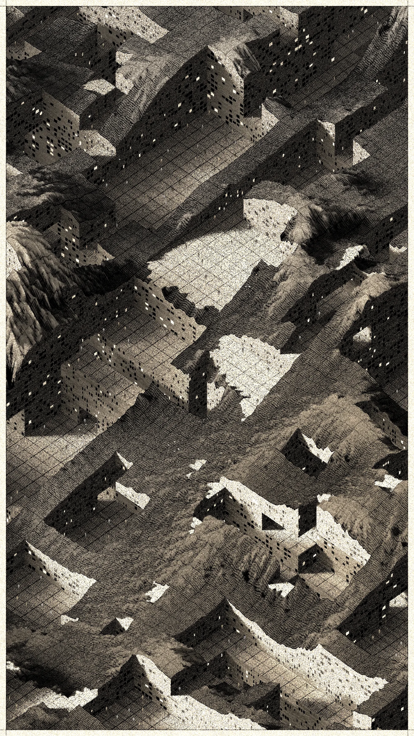 In aerial photos from 1945, you can see dozens of buildings crammed around the main street of Gallarta - a town 13 km northwest of Bilbao. The street leads to a small open pit where they extract iron. Images from 1956 and 1965 show how the road becomes shorter, and houses once surrounded by fields are now on the pit's edge. Some of them disappeared to facilitate access to the ore. The mine grew, consuming mountains, meadows, and settlements.

Gallarta disappeared in 1977, replaced by a chasm extending across the area until today. The open pit extraction in the mine stopped being profitable only six years later. The scar it left on the surface of the mountainous area is a monument to the disappearance of this and numerous other towns with similar stories.

Cantera is a project that brings these stories to a non-physical, generative space. It replaces atoms of stone and soil with digital bits. It draws landscapes inspired by the imagery of Basque stone quarries and iron mines and writes narratives about non-existent habitats where the boundaries between extraction, shelter, and natural forms become indistinct.