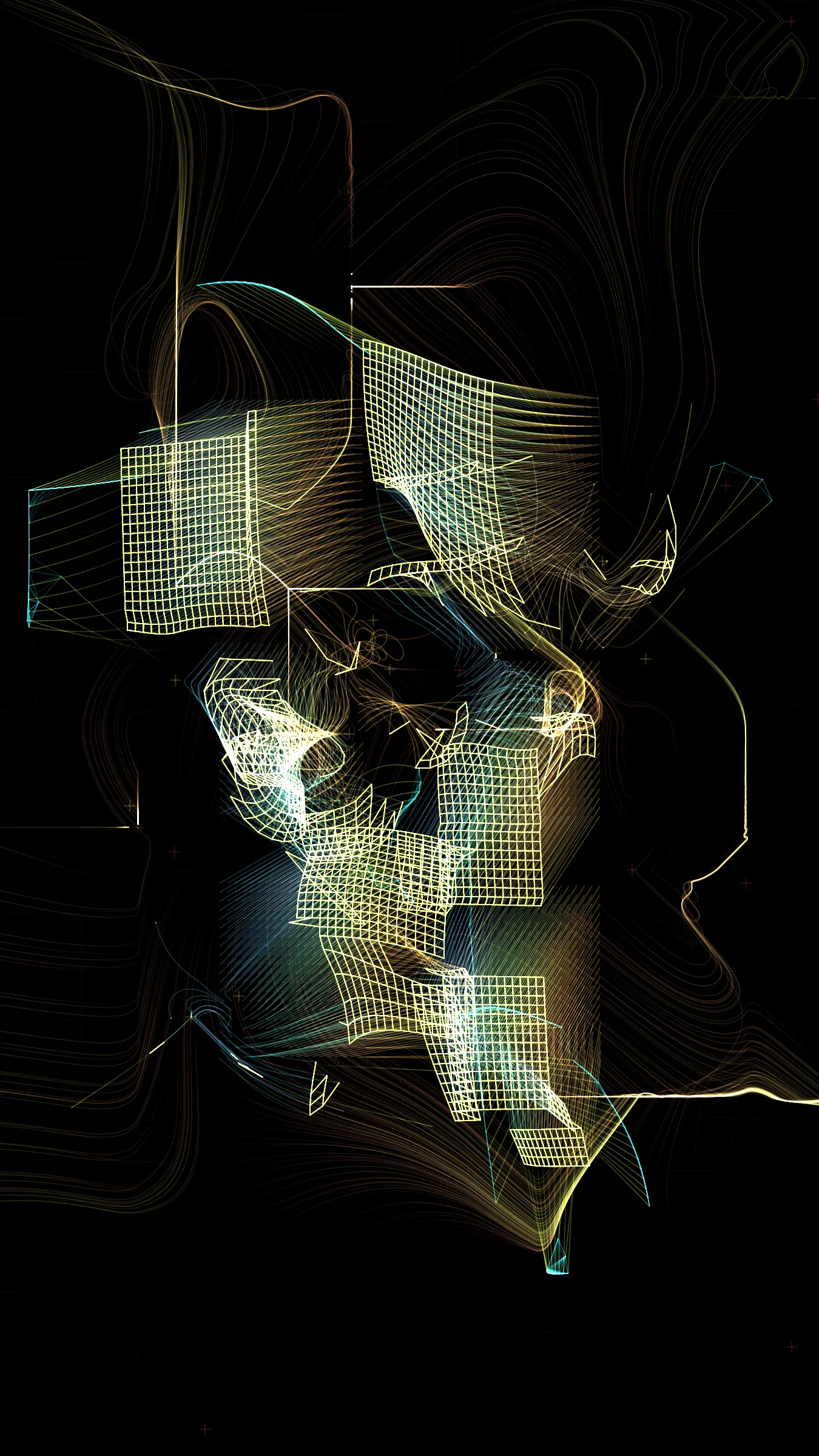 “Vértigo Las Luces” (Vertigo the Lights)  takes inspiration from long exposure photos I take in Buenos Aires. It’s made with several particle systems following two simple attractor systems. These particle systems are modified and tuned to compose the final images. In a way, it aims to reflect the unpredictability, the spontaneity and speed of the city.