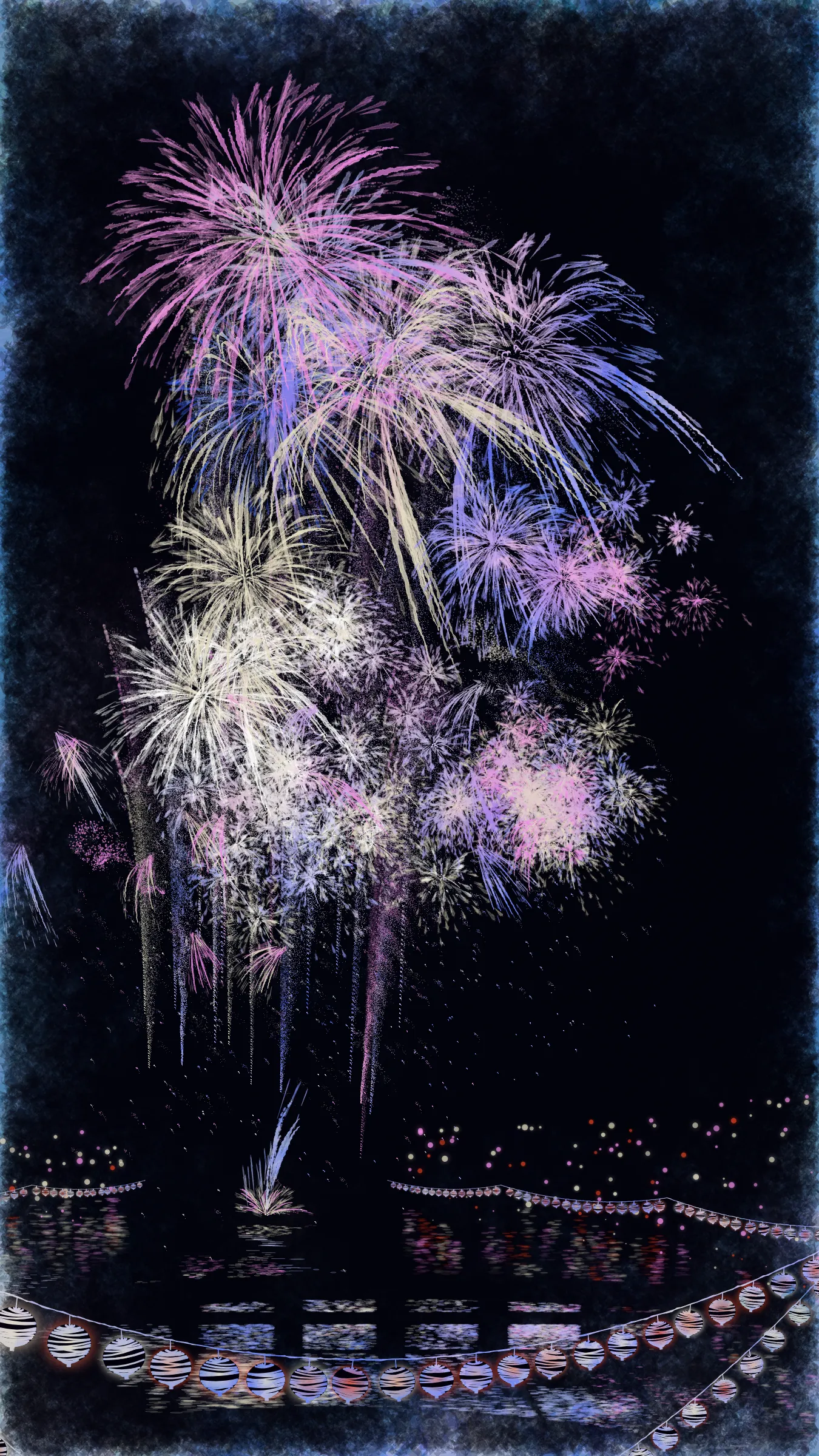 The theme of this work is fireworks and festivals, which symbolizes summer in Japan.

With fireworks as the central theme, it consists of the water surface reflecting the fireworks, the city lights in the distance, the silhouettes of the torii gates and arch bridge, and the twinkling lanterns. The shady black background expresses the smoky atmosphere.

The drawing algorithm of the work is inspired by traditional woodblock prints and contemporary scratch art. Base layer is drawn with pale watercolor-like gradation. On top of that, the shady black background is drawn. Then, the outline of the fireworks is carved out.

The color of fireworks is based on a chemical reaction called a flame reaction. The color palette of this work is also composed of typical flame reaction colors or their mixtures. Each color palette is inspired by the four seasons in Japan.

Enjoy the atmosphere of Japanese firework festivals with this work.