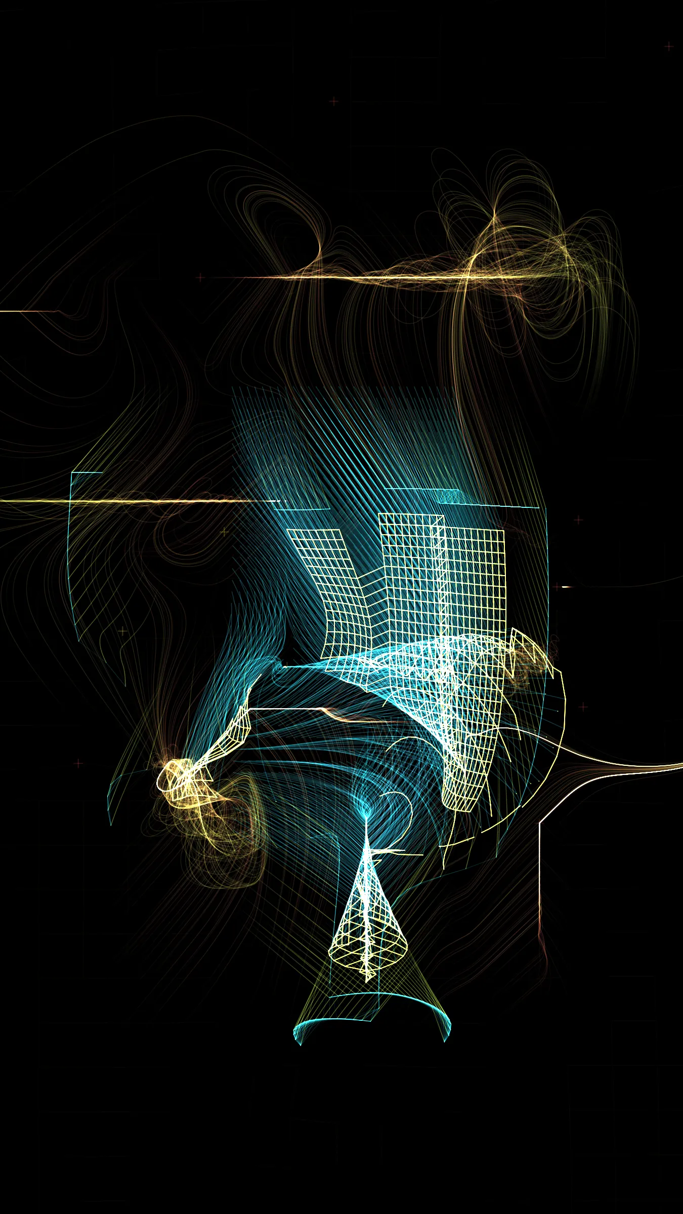 “Vértigo Las Luces” (Vertigo the Lights)  takes inspiration from long exposure photos I take in Buenos Aires. It’s made with several particle systems following two simple attractor systems. These particle systems are modified and tuned to compose the final images. In a way, it aims to reflect the unpredictability, the spontaneity and speed of the city.