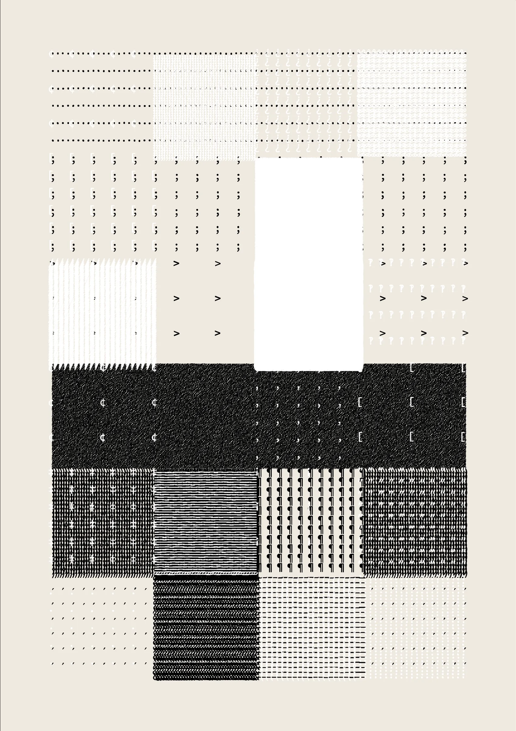 FOLIO is a generative drawing system, inspired by concrete poetry and early computer artwork, that emits an output process for a given input. Each output may be realized digitally, in print, or through another medium. The drawing system, coded in JavaScript, recursively packs bins of data to fill the page, constrained entirely by the use of typographic glyphs and a limited mono-, duo-, or tri-colour palette.