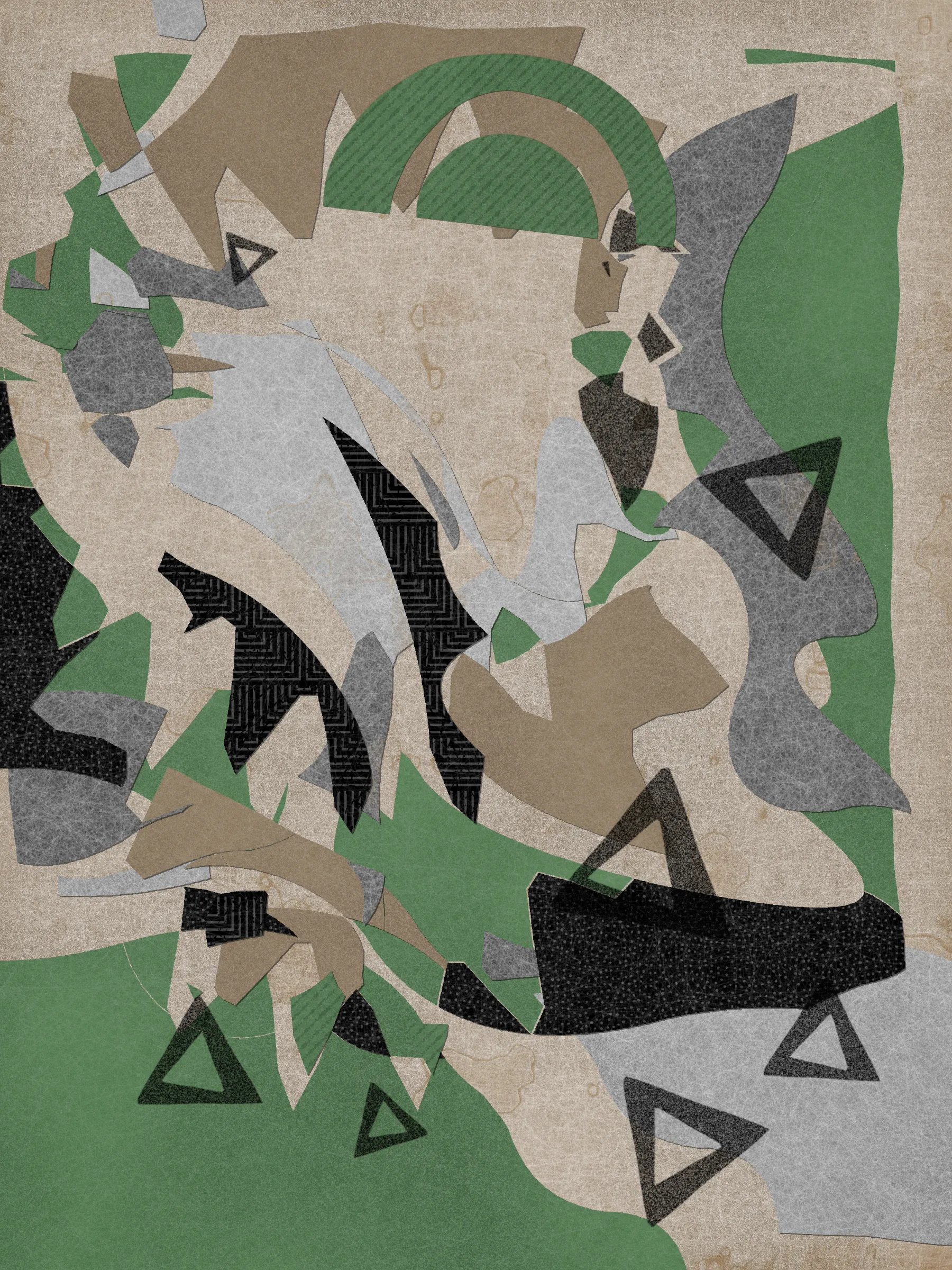 *Off Script* is a generative system that explores sensoriality through the subject of collage. At its core, the series uses a custom masking algorithm to cut out shapes from algorithmically produced papers, which are then arranged throughout the canvas. It is programmed in Javascript.

Much like the practice of collage itself, *Off Script* elicits a deeply sensorial experience. Generative textures induce a sense of tactility, while askew jagged shapes evoke the punctuated off-beat sounds of jazz. With its synesthetic qualities, the series challenges its own medium, creating a dialogue between the immateriality of digital representation and the corporality of the physical realm. 

*Off Script*'s visual language references various 20th century modern art movements that similarly emphasized medium and material through distilled expressions of shape, color, and composition.