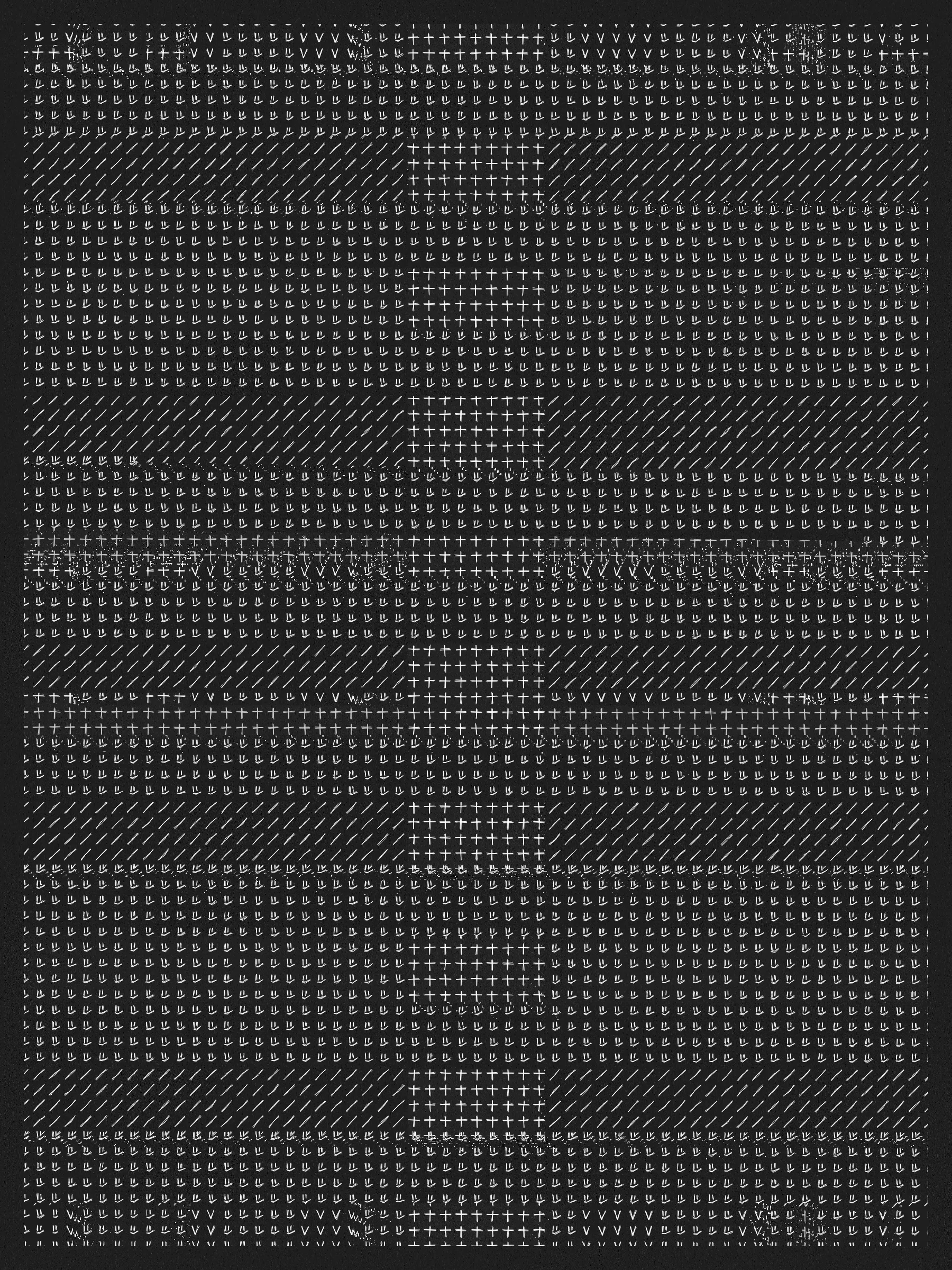 Built on a foundation of thousands of physical renditions of common computer symbols, Encore embraces repetition -- in the physical creation of the foundational symbols, in the process of overwriting as each new layer is applied, and as a way to focus on the true unbiased state of each work.

The outputs of Encore are meant to translate the physical process of making these marks into a fully digital form, embracing digital methods to replicate a physical process while maintaining a computer-art aesthetic.