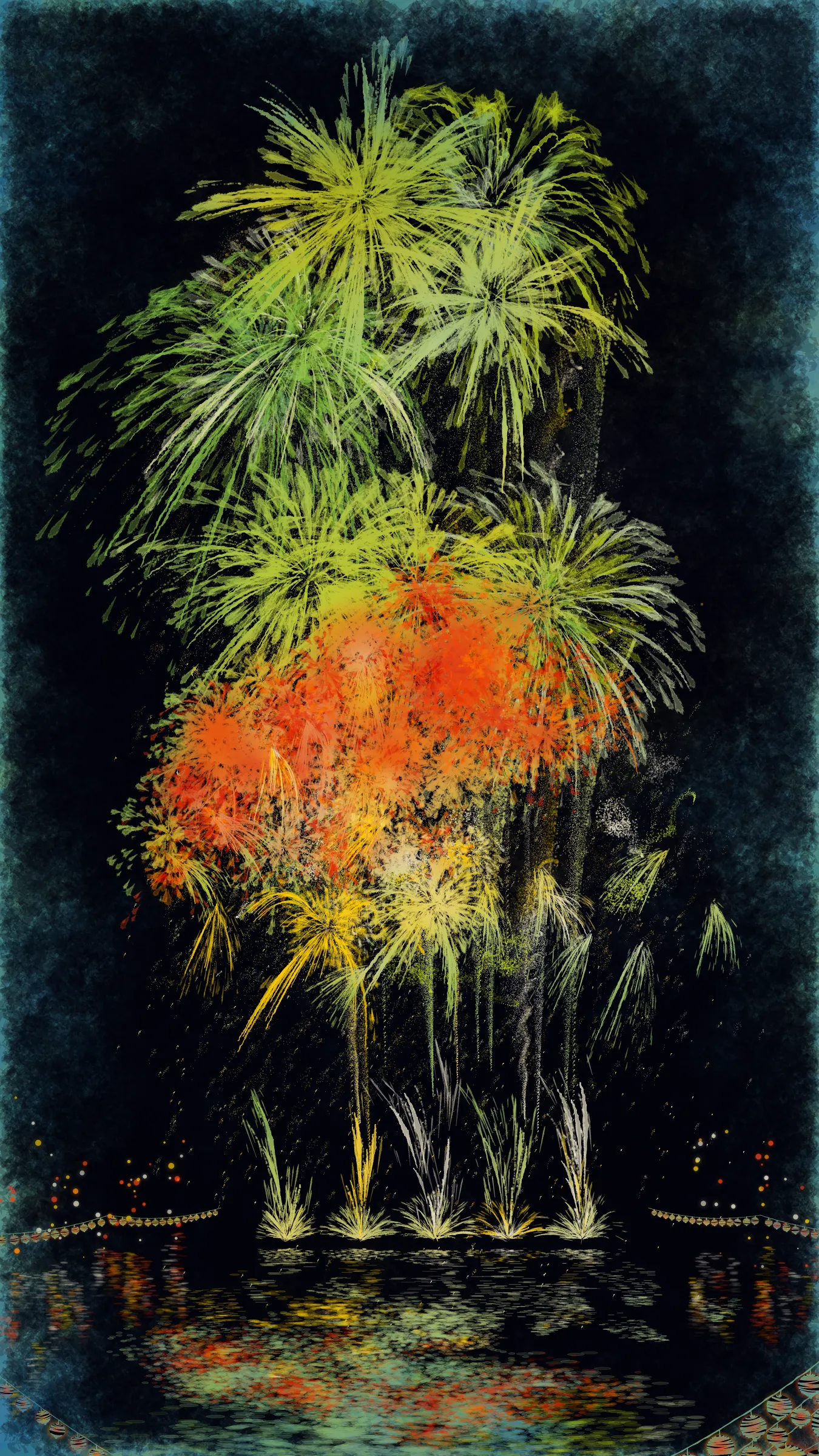 The theme of this work is fireworks and festivals, which symbolizes summer in Japan.

With fireworks as the central theme, it consists of the water surface reflecting the fireworks, the city lights in the distance, the silhouettes of the torii gates and arch bridge, and the twinkling lanterns. The shady black background expresses the smoky atmosphere.

The drawing algorithm of the work is inspired by traditional woodblock prints and contemporary scratch art. Base layer is drawn with pale watercolor-like gradation. On top of that, the shady black background is drawn. Then, the outline of the fireworks is carved out.

The color of fireworks is based on a chemical reaction called a flame reaction. The color palette of this work is also composed of typical flame reaction colors or their mixtures. Each color palette is inspired by the four seasons in Japan.

Enjoy the atmosphere of Japanese firework festivals with this work.