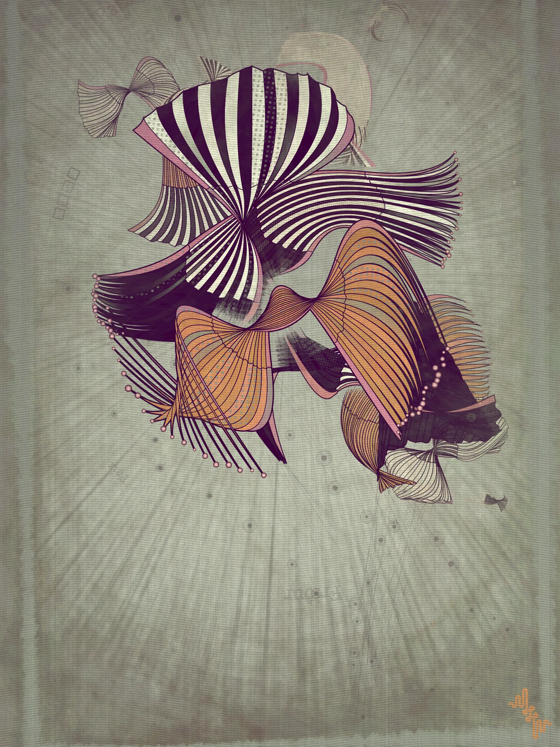 Velum: Latin for curtain.

Inspired by the question: What do you get if you blend the visual DNA of two mid 20th Century artistic movements into a 21st Century generative art algorithm?

The original ideas evolved by Abstract expressionism and Pop art tell very different stories in the history of post war American art. My approach however is more about just stealing from the visual lexicon of mark-making that characterizes these artistic movements ignoring much of the contextual conversations around them . When I started out building my first primitive for Velum I was picturing in my mind something that looked more like a gestural paint-stroke typical of abstract expressionistic painting. Adding Pop art stylized outlines to the structures however separated them from the background and gave them a floating quality. Liking this effect I quickly forgot about my first idea of making paint strokes to explore the emerging curtain-like elements and found ways to make them dance.