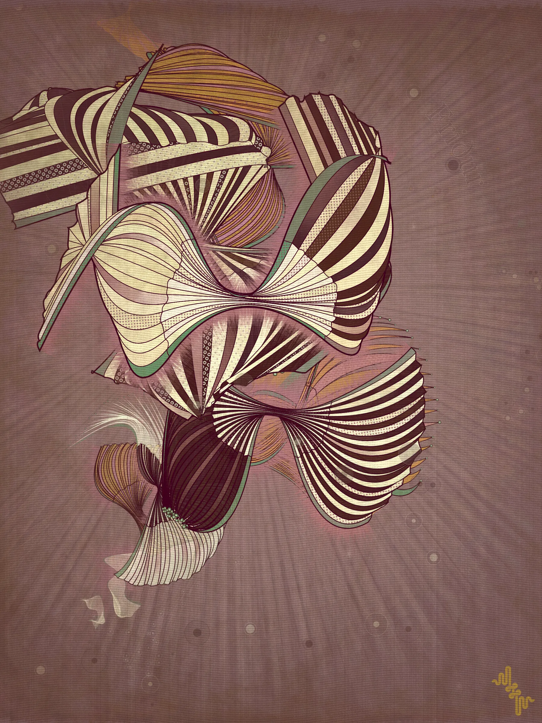Velum: Latin for curtain.

Inspired by the question: What do you get if you blend the visual DNA of two mid 20th Century artistic movements into a 21st Century generative art algorithm?

The original ideas evolved by Abstract expressionism and Pop art tell very different stories in the history of post war American art. My approach however is more about just stealing from the visual lexicon of mark-making that characterizes these artistic movements ignoring much of the contextual conversations around them . When I started out building my first primitive for Velum I was picturing in my mind something that looked more like a gestural paint-stroke typical of abstract expressionistic painting. Adding Pop art stylized outlines to the structures however separated them from the background and gave them a floating quality. Liking this effect I quickly forgot about my first idea of making paint strokes to explore the emerging curtain-like elements and found ways to make them dance.