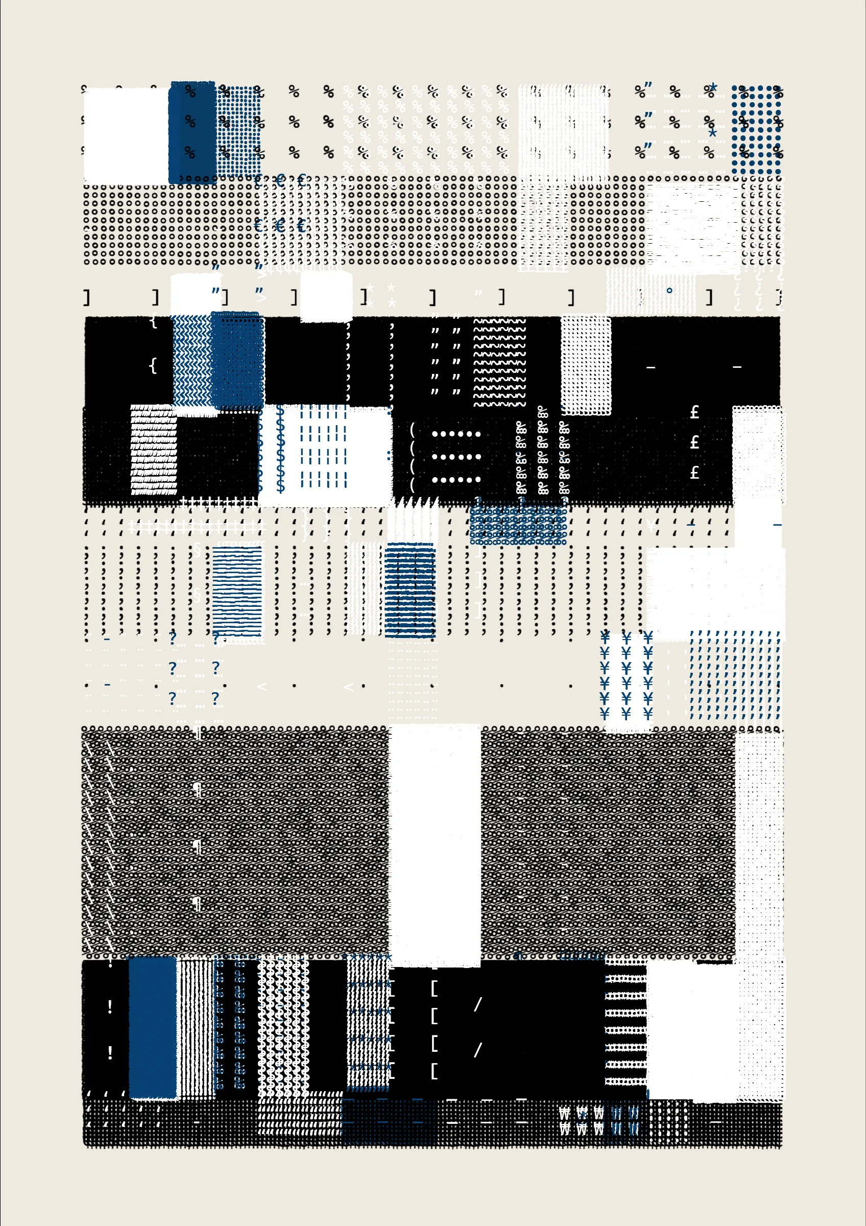 FOLIO is a generative drawing system, inspired by concrete poetry and early computer artwork, that emits an output process for a given input. Each output may be realized digitally, in print, or through another medium. The drawing system, coded in JavaScript, recursively packs bins of data to fill the page, constrained entirely by the use of typographic glyphs and a limited mono-, duo-, or tri-colour palette.