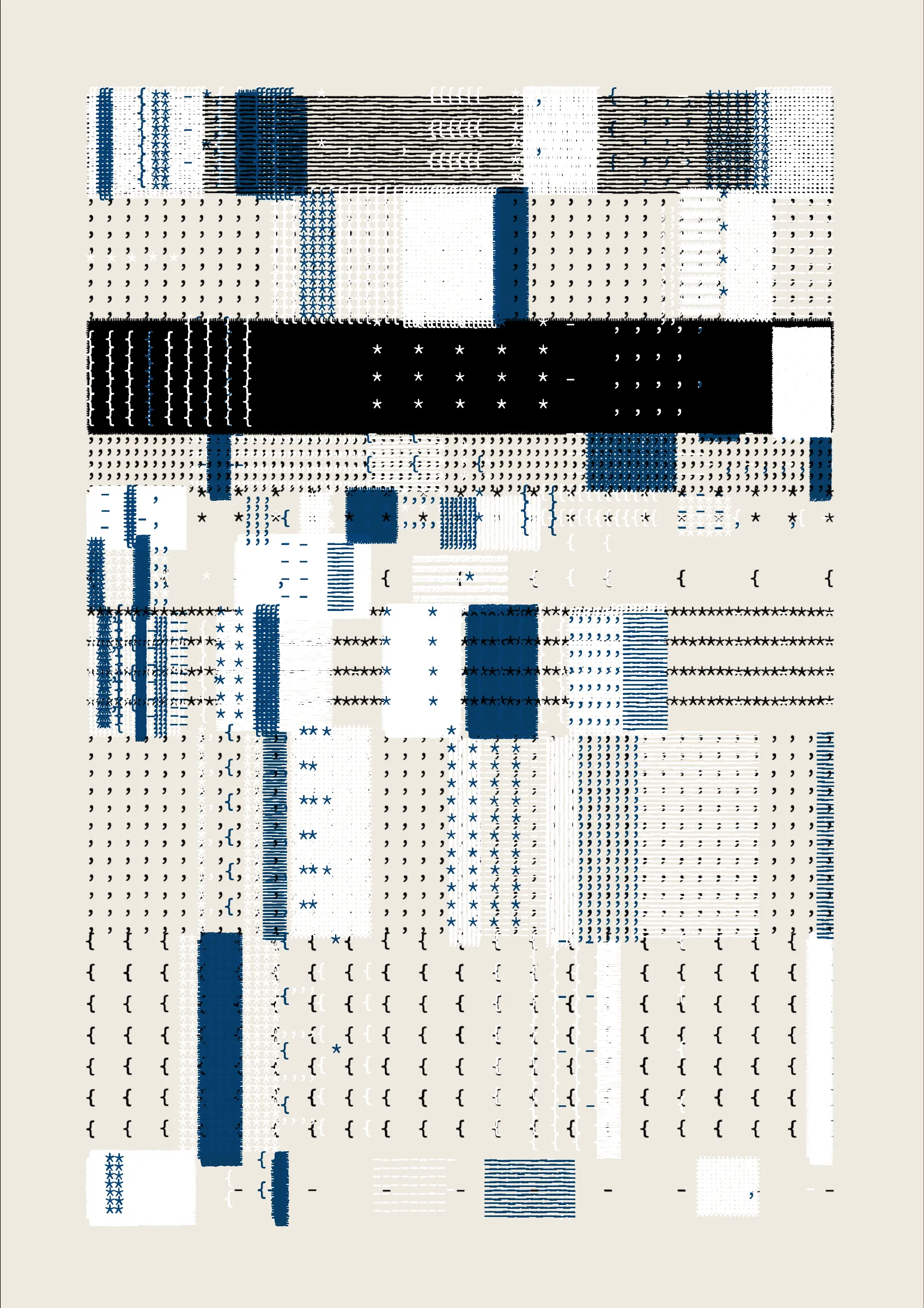 FOLIO is a generative drawing system, inspired by concrete poetry and early computer artwork, that emits an output process for a given input. Each output may be realized digitally, in print, or through another medium. The drawing system, coded in JavaScript, recursively packs bins of data to fill the page, constrained entirely by the use of typographic glyphs and a limited mono-, duo-, or tri-colour palette.