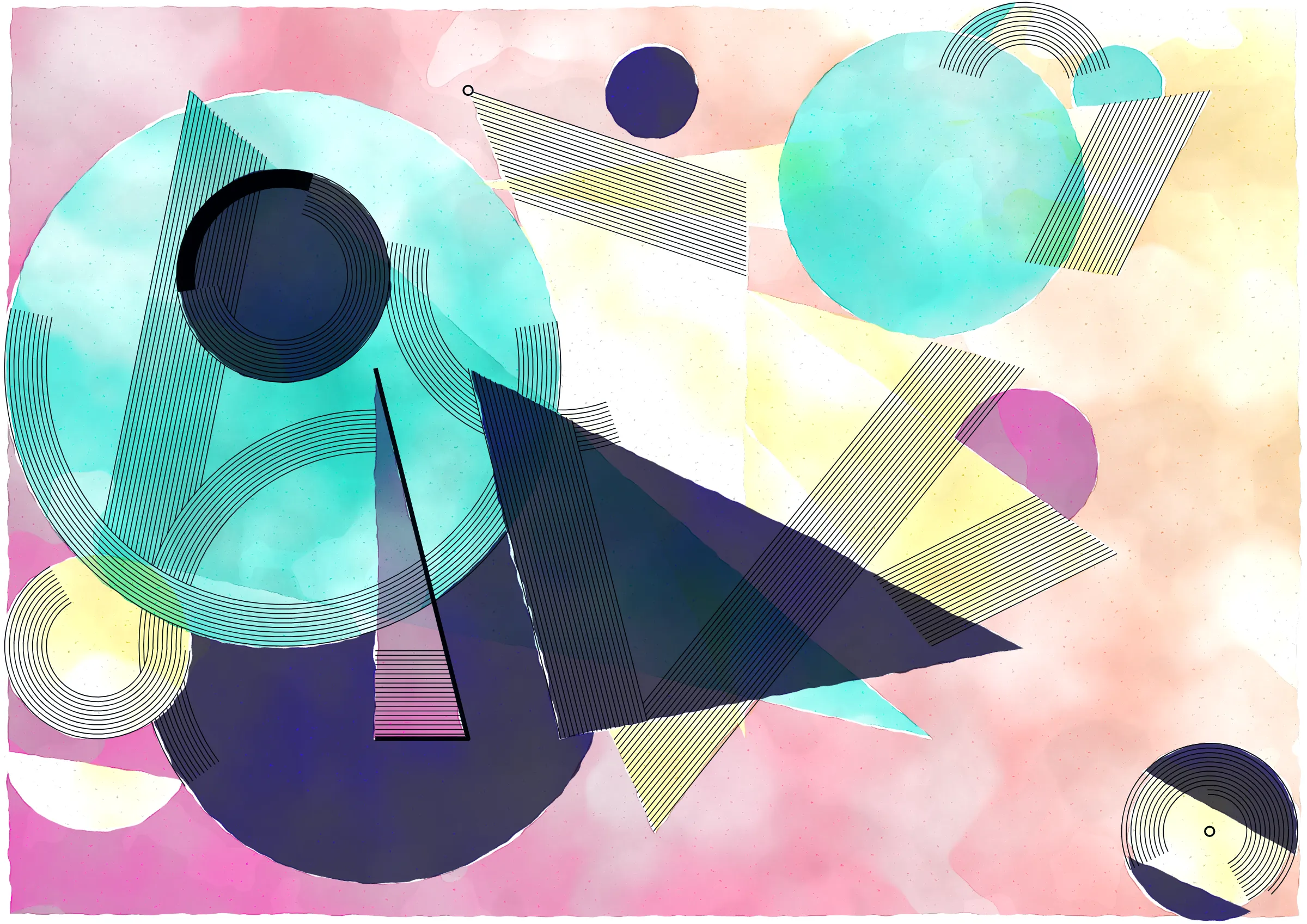 *Inprecision* is exploring the tension between the precision offered by computers and the imperfections inherent in classic art production approaches. The generative system is based on circles and triangles, perfectly aligned with each other and placed on a grid, but rendered with a technique inspired by the look of water color giving a high degree of imperfection in the rendered output. The precision of the underlying system is then again accentuated by a layer of hyper precise line drawings, outlining the used geometries and providing a scaffold for the underlying colors.

*Inprecision* further builds upon my quest to explore emergent compositions in generative systems. The system started with completely random placements of the different geometries, and gradually evolved by putting in the most minimal constraints to ensure an engaging final composition. In that way, *Inprecision* is an exercise in light-touch control with the aim to explore surprising compositions arising from randomness.

This series takes inspiration from both the color and line work of Wassily Kandinsky and the theories in the Suprematism movement. It asks the viewer to meditate on the texture of the paint and paper through its embrace of simple geometry and compositions devoid of literal interpretation.