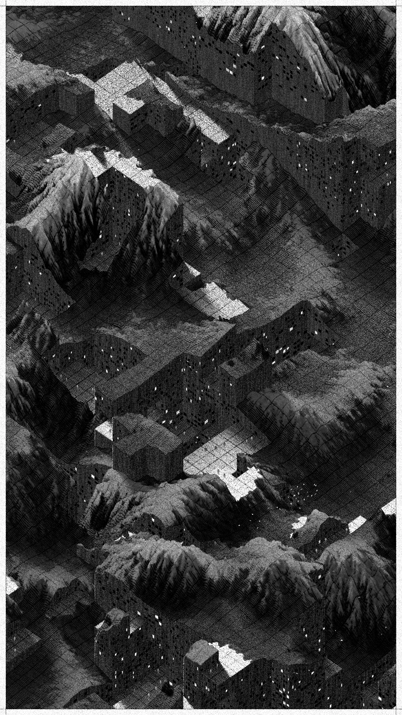 In aerial photos from 1945, you can see dozens of buildings crammed around the main street of Gallarta - a town 13 km northwest of Bilbao. The street leads to a small open pit where they extract iron. Images from 1956 and 1965 show how the road becomes shorter, and houses once surrounded by fields are now on the pit's edge. Some of them disappeared to facilitate access to the ore. The mine grew, consuming mountains, meadows, and settlements.

Gallarta disappeared in 1977, replaced by a chasm extending across the area until today. The open pit extraction in the mine stopped being profitable only six years later. The scar it left on the surface of the mountainous area is a monument to the disappearance of this and numerous other towns with similar stories.

Cantera is a project that brings these stories to a non-physical, generative space. It replaces atoms of stone and soil with digital bits. It draws landscapes inspired by the imagery of Basque stone quarries and iron mines and writes narratives about non-existent habitats where the boundaries between extraction, shelter, and natural forms become indistinct.