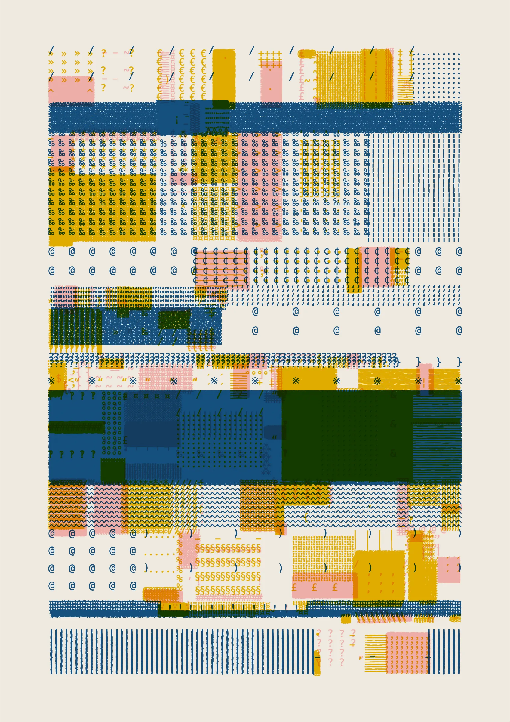 FOLIO is a generative drawing system, inspired by concrete poetry and early computer artwork, that emits an output process for a given input. Each output may be realized digitally, in print, or through another medium. The drawing system, coded in JavaScript, recursively packs bins of data to fill the page, constrained entirely by the use of typographic glyphs and a limited mono-, duo-, or tri-colour palette.