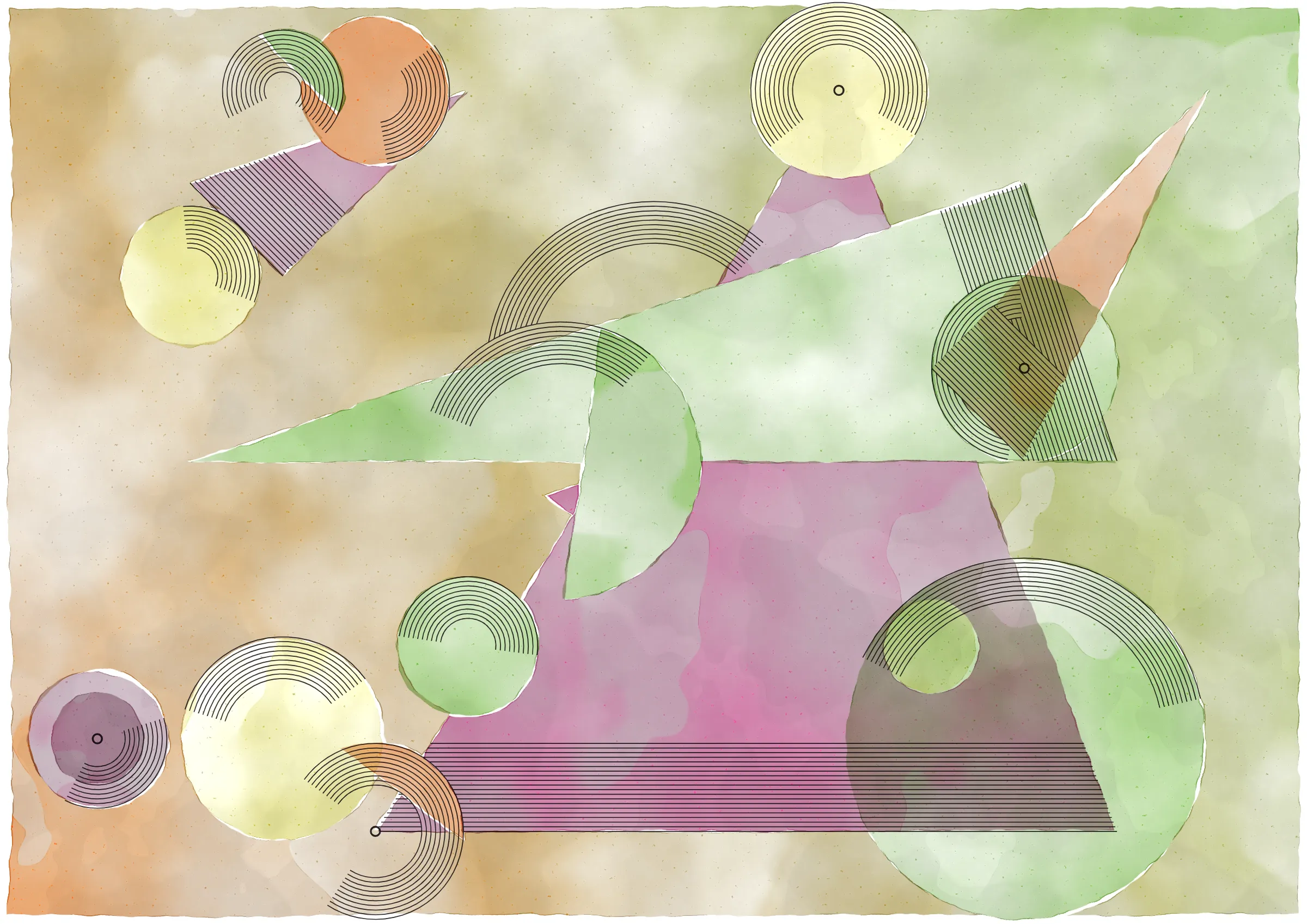 *Inprecision* is exploring the tension between the precision offered by computers and the imperfections inherent in classic art production approaches. The generative system is based on circles and triangles, perfectly aligned with each other and placed on a grid, but rendered with a technique inspired by the look of water color giving a high degree of imperfection in the rendered output. The precision of the underlying system is then again accentuated by a layer of hyper precise line drawings, outlining the used geometries and providing a scaffold for the underlying colors.

*Inprecision* further builds upon my quest to explore emergent compositions in generative systems. The system started with completely random placements of the different geometries, and gradually evolved by putting in the most minimal constraints to ensure an engaging final composition. In that way, *Inprecision* is an exercise in light-touch control with the aim to explore surprising compositions arising from randomness.

This series takes inspiration from both the color and line work of Wassily Kandinsky and the theories in the Suprematism movement. It asks the viewer to meditate on the texture of the paint and paper through its embrace of simple geometry and compositions devoid of literal interpretation.