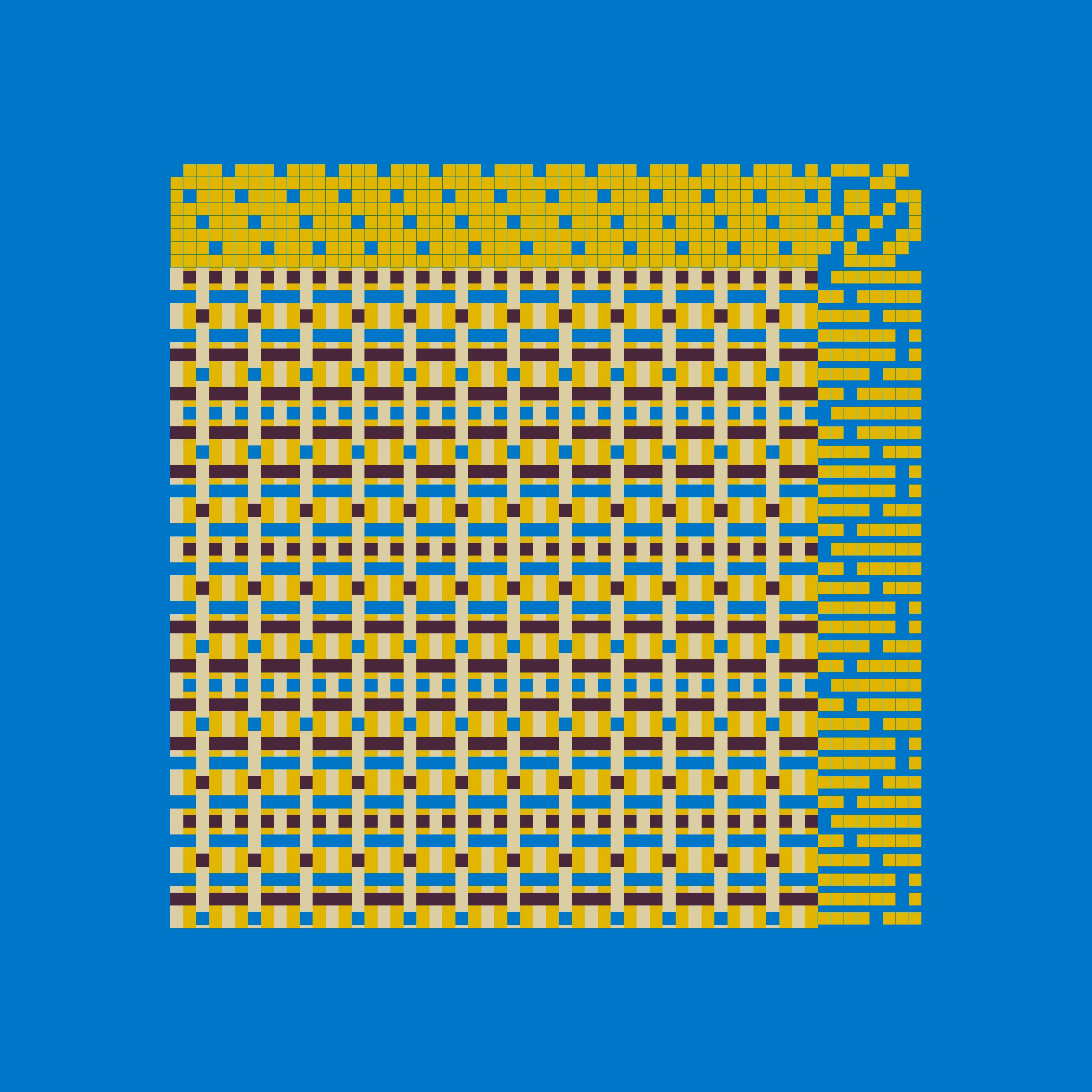 Enlace merges digital art with traditional cane weaving to craft physical objects from generative outputs. Each generative token is a piece of digital art and a set of instructions which can be used by the collector to create a unique chair or a woven canvas by Maison Louis Drucker, the historic Parisian chair manufacturer. The term "Enlace" denotes linking or intertwining in English and an embrace in French, emphasizing the project's aim to unite algorithmic code with the timeless human craft of weaving. Visually expressed through the format of the weaving draft, Enlace reduces its visual language, offering minimal instructions for creating woven pieces. It encodes potential rather than final product, providing the necessary instructions for crafting a woven chair or canvas, blending contemporary technology with traditional craftsmanship. By Aranda\Lasch in collaboration with Trame and Maison Louis Drucker.

's' to save image
't' to display text