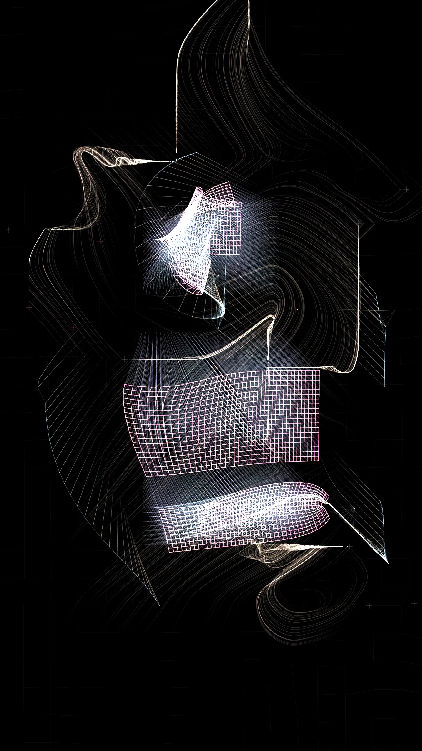 “Vértigo Las Luces” (Vertigo the Lights)  takes inspiration from long exposure photos I take in Buenos Aires. It’s made with several particle systems following two simple attractor systems. These particle systems are modified and tuned to compose the final images. In a way, it aims to reflect the unpredictability, the spontaneity and speed of the city.