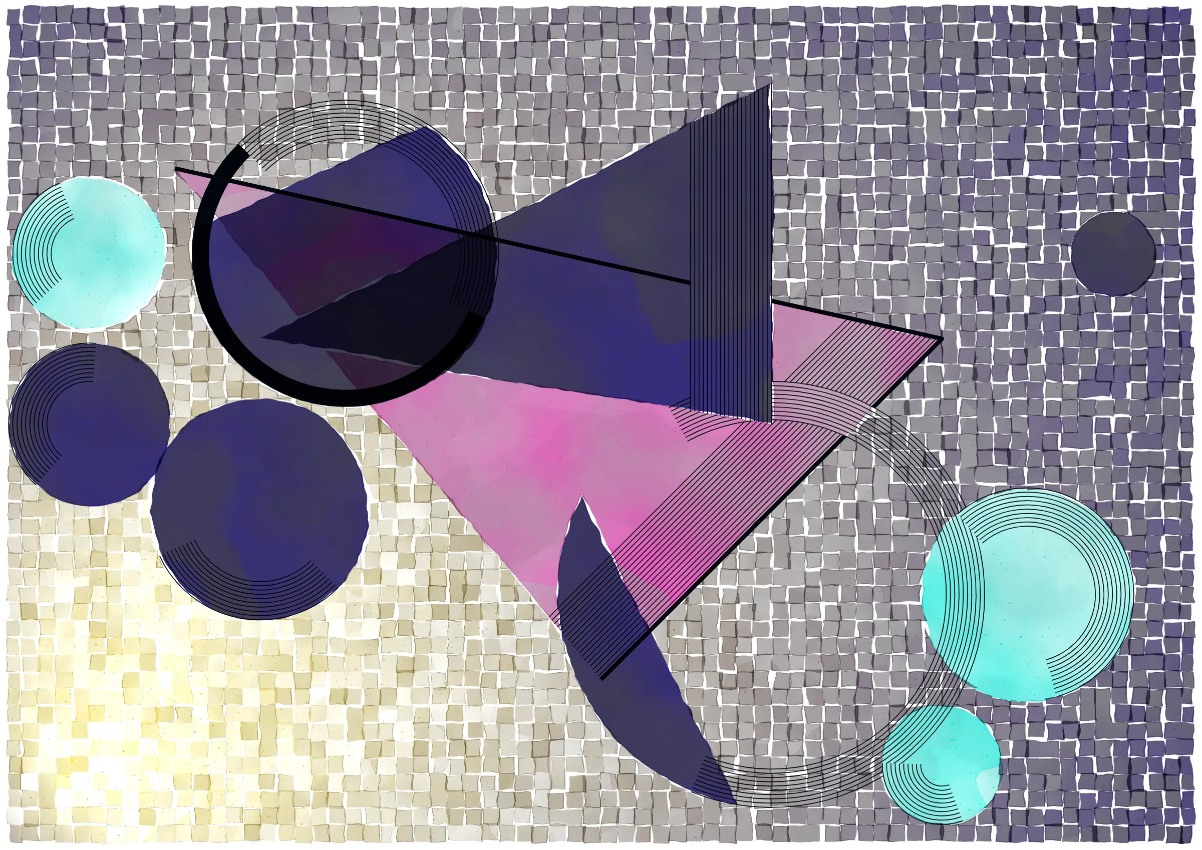 *Inprecision* is exploring the tension between the precision offered by computers and the imperfections inherent in classic art production approaches. The generative system is based on circles and triangles, perfectly aligned with each other and placed on a grid, but rendered with a technique inspired by the look of water color giving a high degree of imperfection in the rendered output. The precision of the underlying system is then again accentuated by a layer of hyper precise line drawings, outlining the used geometries and providing a scaffold for the underlying colors.

*Inprecision* further builds upon my quest to explore emergent compositions in generative systems. The system started with completely random placements of the different geometries, and gradually evolved by putting in the most minimal constraints to ensure an engaging final composition. In that way, *Inprecision* is an exercise in light-touch control with the aim to explore surprising compositions arising from randomness.

This series takes inspiration from both the color and line work of Wassily Kandinsky and the theories in the Suprematism movement. It asks the viewer to meditate on the texture of the paint and paper through its embrace of simple geometry and compositions devoid of literal interpretation.