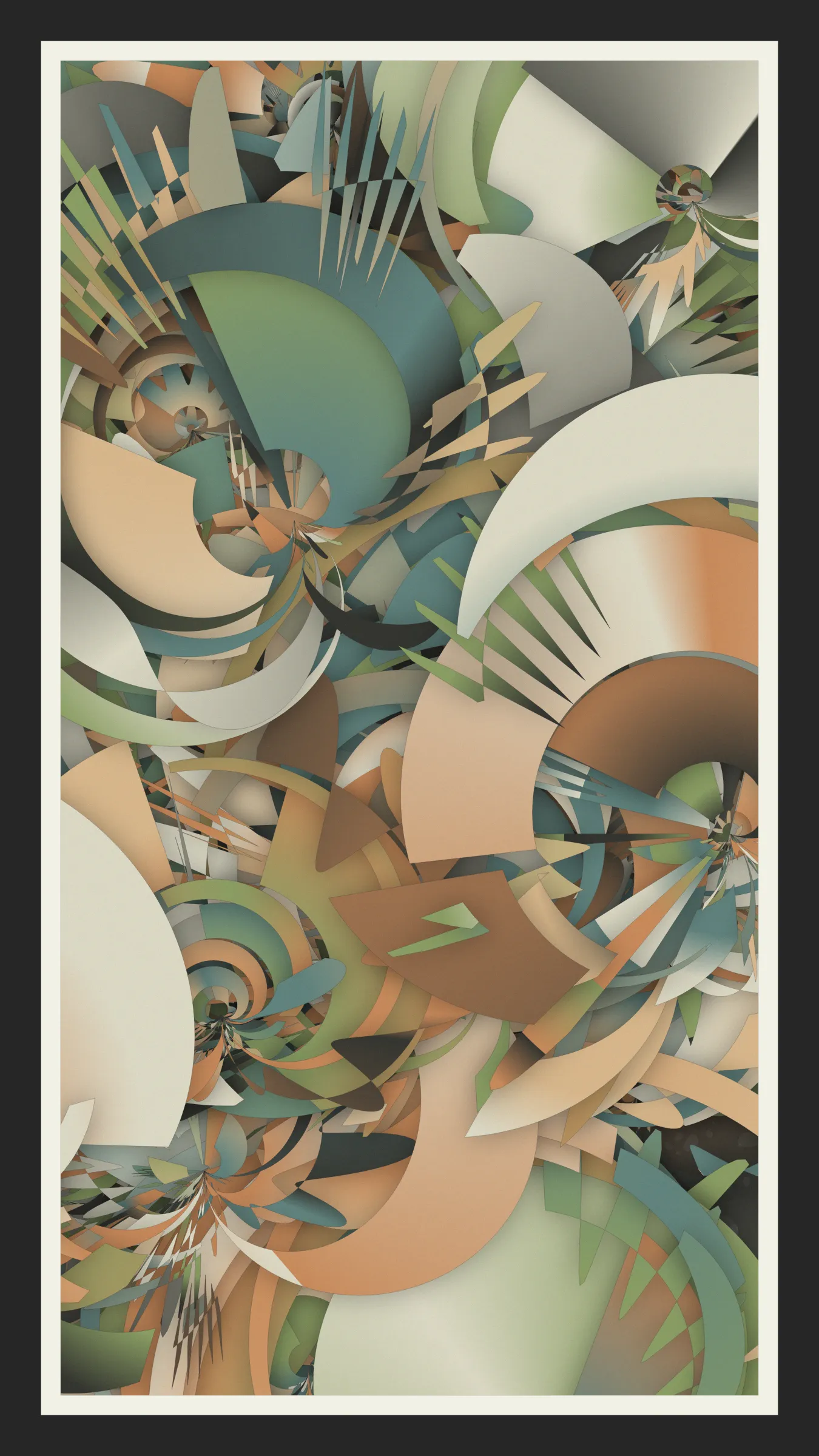 The central theme of this series, featuring recursive divisions of circles and polygons, originated from sketches in September 2022. As is often the case for me, my sketches begin without a vital purpose, taking on a fluid and undefined quality. They resemble malleable clay, combining and reworking multiple small ideas until mutable elements and immutable structures emerge. I have crafted the present collection of works by refining and developing these structures, pushing them as far away from the original image as possible while ensuring coherence.

Incorporating a color palette inspired by traditional Japanese dyes, shading techniques mindful of harmony, and methods such as circle packing and transformation builds upon the foundation of my previous work. However, this new collection consciously explores the concepts of convergence and divergence within and beyond the canvas. Furthermore, I have created a unique and remarkable series by envisioning their display in a traditional Japanese residence, such as the historic Asakura House.

* High-resolution images can be exported by pressing the "S" key.