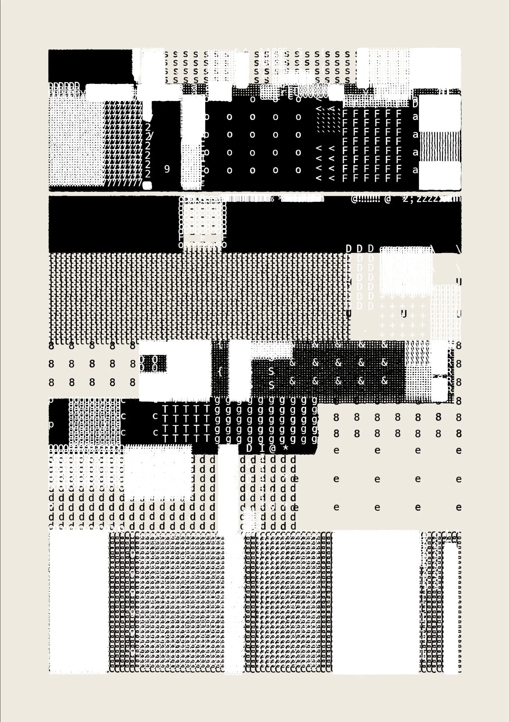 FOLIO is a generative drawing system, inspired by concrete poetry and early computer artwork, that emits an output process for a given input. Each output may be realized digitally, in print, or through another medium. The drawing system, coded in JavaScript, recursively packs bins of data to fill the page, constrained entirely by the use of typographic glyphs and a limited mono-, duo-, or tri-colour palette.