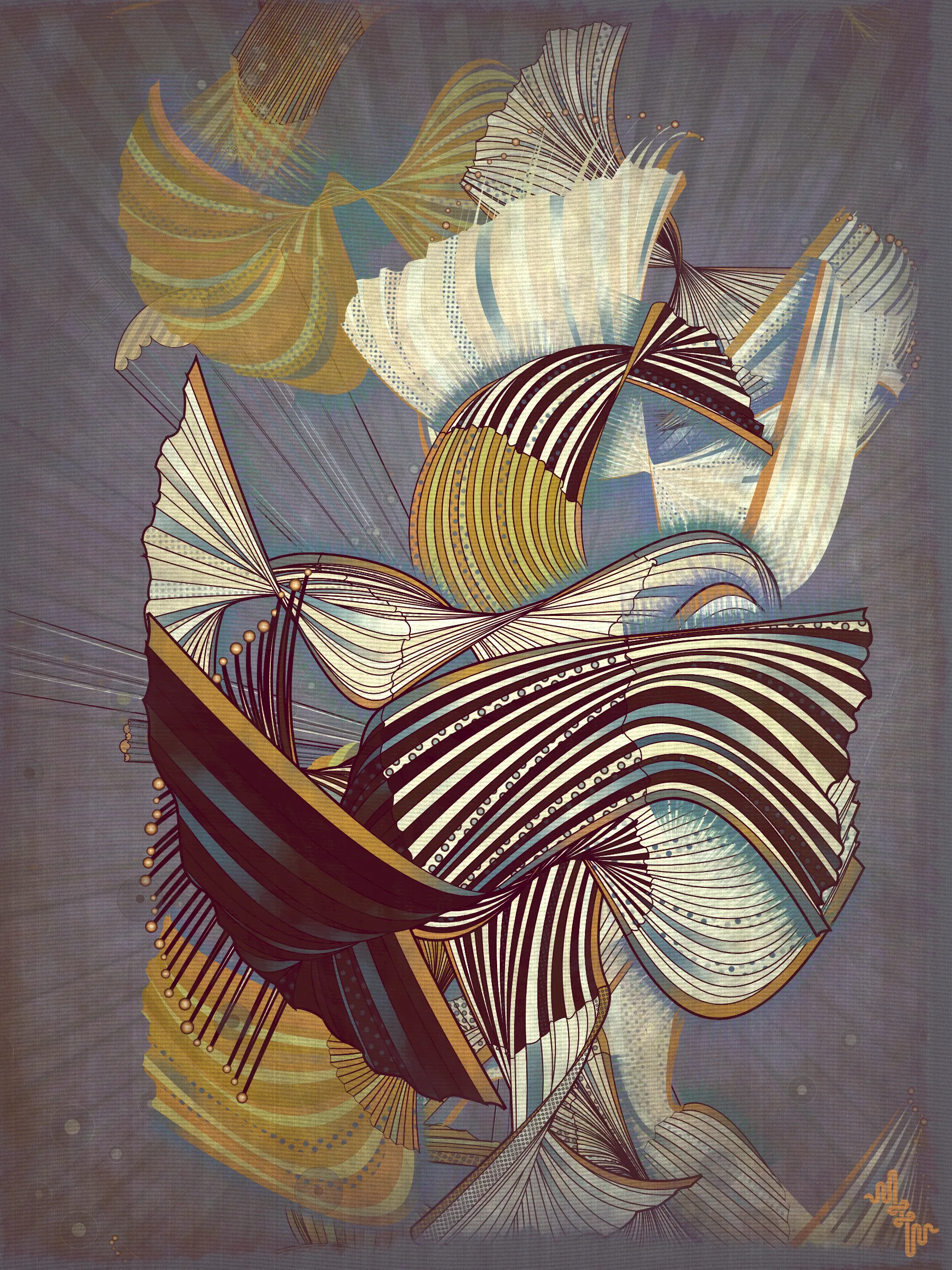 Velum: Latin for curtain.

Inspired by the question: What do you get if you blend the visual DNA of two mid 20th Century artistic movements into a 21st Century generative art algorithm?

The original ideas evolved by Abstract expressionism and Pop art tell very different stories in the history of post war American art. My approach however is more about just stealing from the visual lexicon of mark-making that characterizes these artistic movements ignoring much of the contextual conversations around them . When I started out building my first primitive for Velum I was picturing in my mind something that looked more like a gestural paint-stroke typical of abstract expressionistic painting. Adding Pop art stylized outlines to the structures however separated them from the background and gave them a floating quality. Liking this effect I quickly forgot about my first idea of making paint strokes to explore the emerging curtain-like elements and found ways to make them dance.