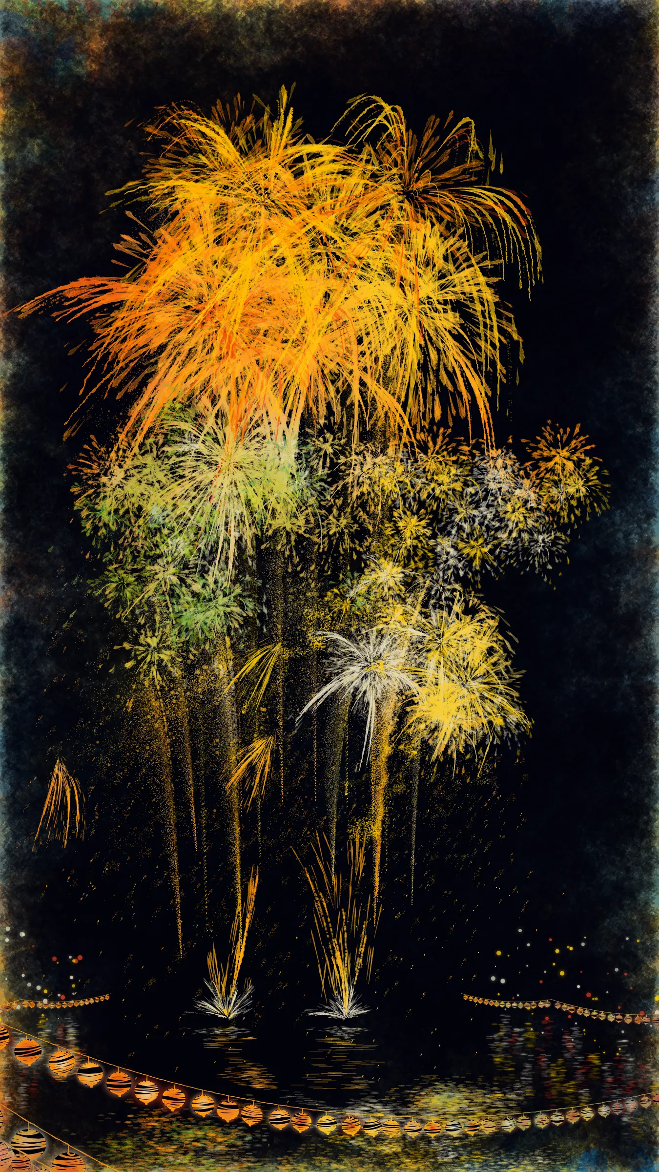 The theme of this work is fireworks and festivals, which symbolizes summer in Japan.

With fireworks as the central theme, it consists of the water surface reflecting the fireworks, the city lights in the distance, the silhouettes of the torii gates and arch bridge, and the twinkling lanterns. The shady black background expresses the smoky atmosphere.

The drawing algorithm of the work is inspired by traditional woodblock prints and contemporary scratch art. Base layer is drawn with pale watercolor-like gradation. On top of that, the shady black background is drawn. Then, the outline of the fireworks is carved out.

The color of fireworks is based on a chemical reaction called a flame reaction. The color palette of this work is also composed of typical flame reaction colors or their mixtures. Each color palette is inspired by the four seasons in Japan.

Enjoy the atmosphere of Japanese firework festivals with this work.