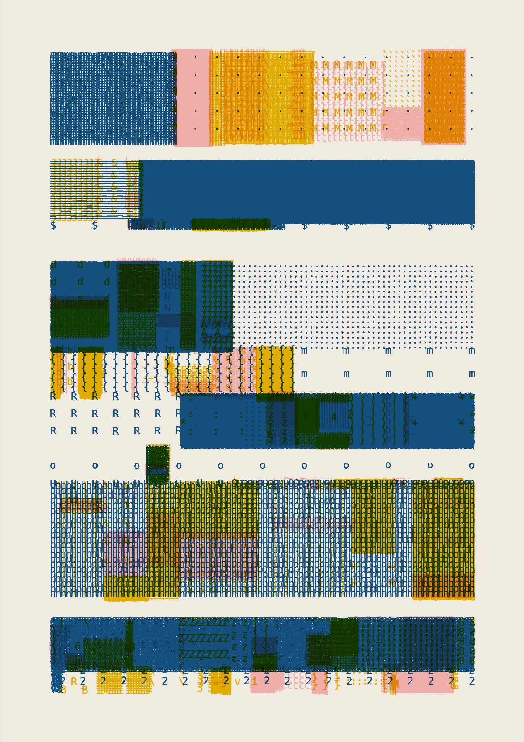 FOLIO is a generative drawing system, inspired by concrete poetry and early computer artwork, that emits an output process for a given input. Each output may be realized digitally, in print, or through another medium. The drawing system, coded in JavaScript, recursively packs bins of data to fill the page, constrained entirely by the use of typographic glyphs and a limited mono-, duo-, or tri-colour palette.