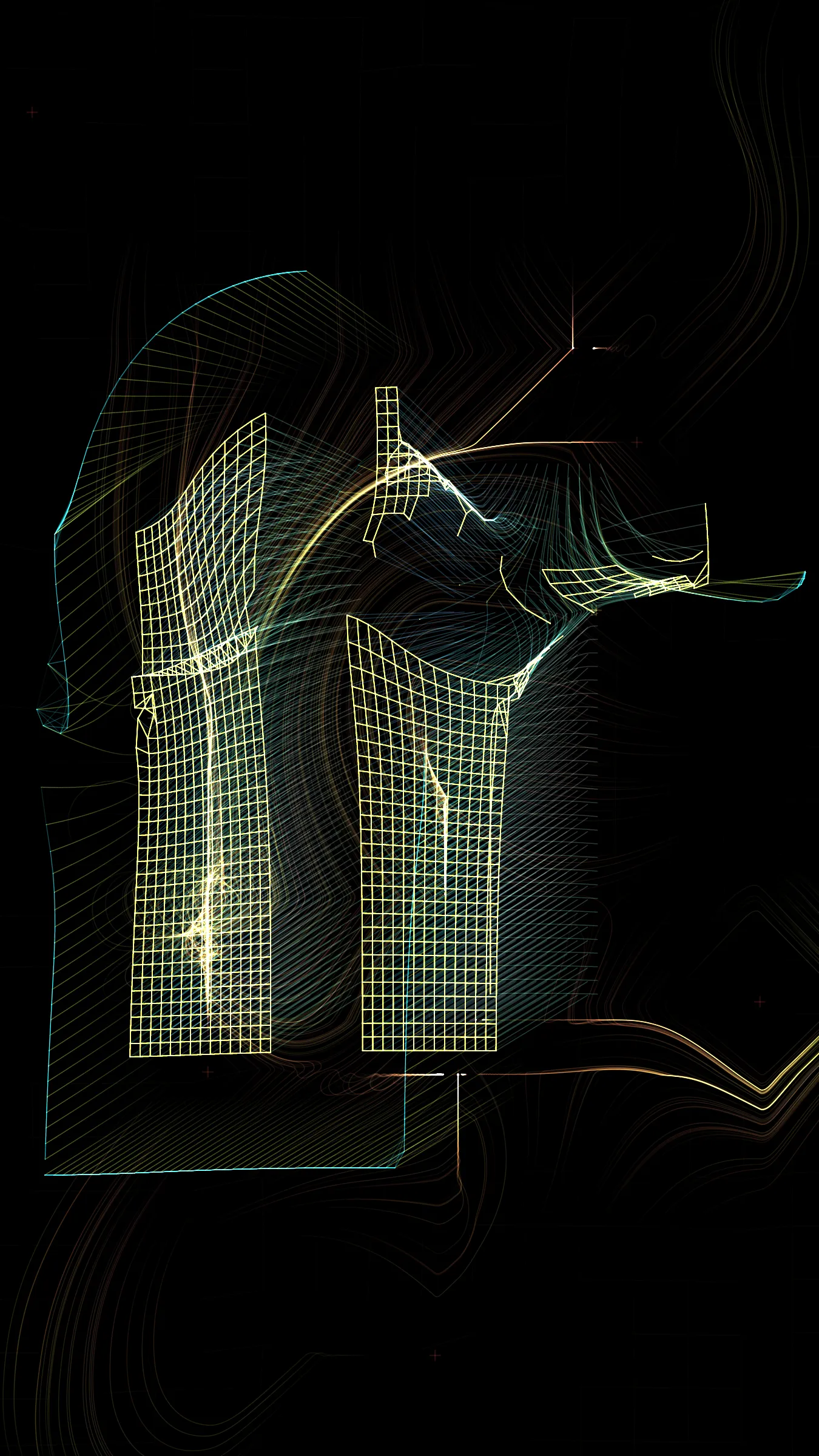 “Vértigo Las Luces” (Vertigo the Lights)  takes inspiration from long exposure photos I take in Buenos Aires. It’s made with several particle systems following two simple attractor systems. These particle systems are modified and tuned to compose the final images. In a way, it aims to reflect the unpredictability, the spontaneity and speed of the city.