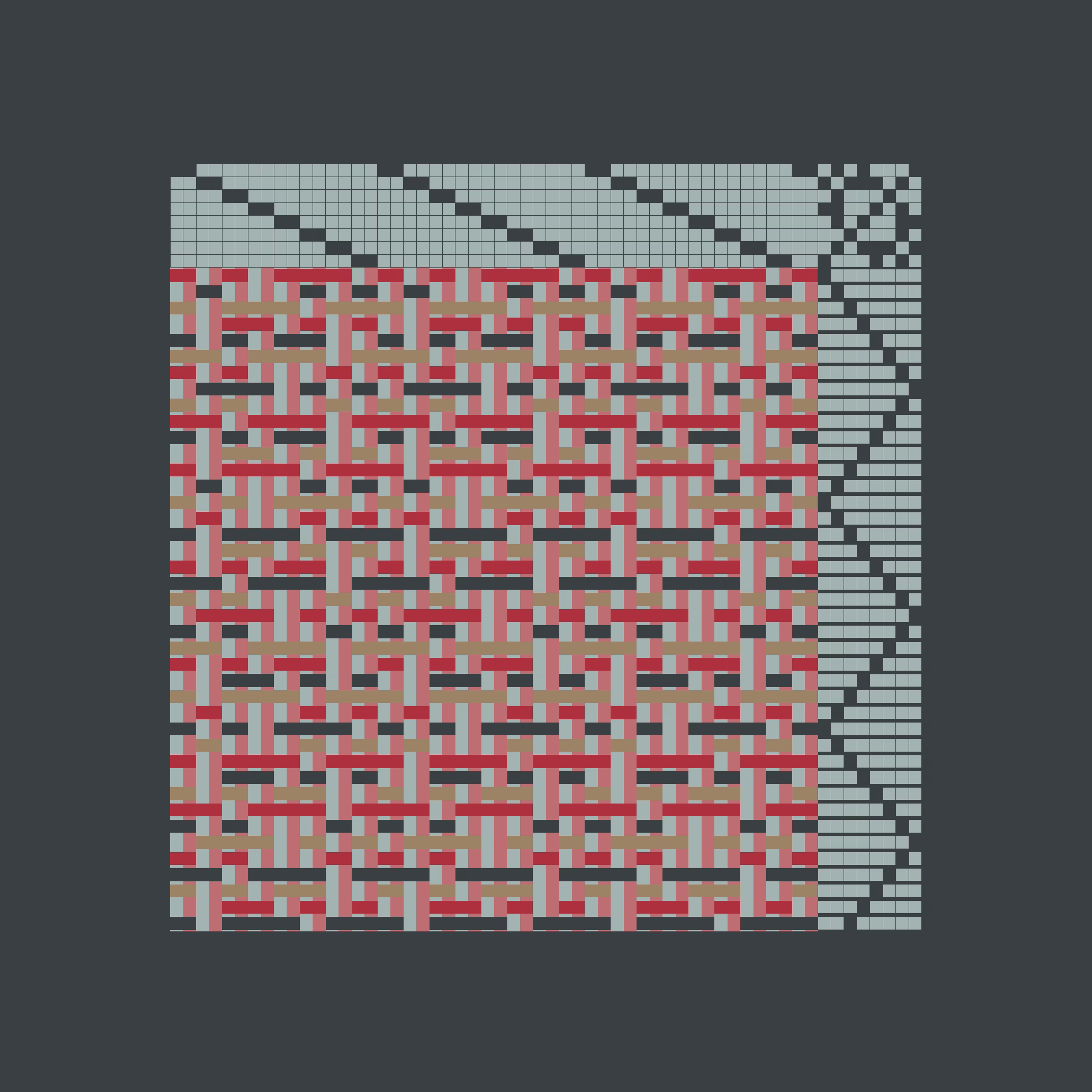 Enlace merges digital art with traditional cane weaving to craft physical objects from generative outputs. Each generative token is a piece of digital art and a set of instructions which can be used by the collector to create a unique chair or a woven canvas by Maison Louis Drucker, the historic Parisian chair manufacturer. The term "Enlace" denotes linking or intertwining in English and an embrace in French, emphasizing the project's aim to unite algorithmic code with the timeless human craft of weaving. Visually expressed through the format of the weaving draft, Enlace reduces its visual language, offering minimal instructions for creating woven pieces. It encodes potential rather than final product, providing the necessary instructions for crafting a woven chair or canvas, blending contemporary technology with traditional craftsmanship. By Aranda\Lasch in collaboration with Trame and Maison Louis Drucker.

's' to save image
't' to display text