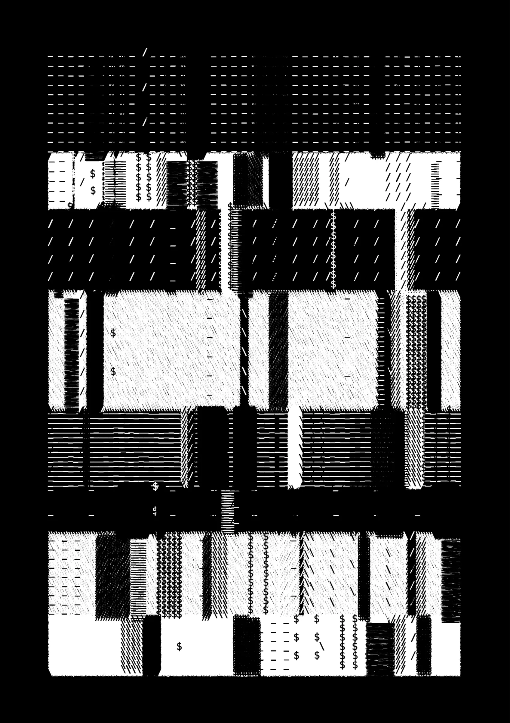 FOLIO is a generative drawing system, inspired by concrete poetry and early computer artwork, that emits an output process for a given input. Each output may be realized digitally, in print, or through another medium. The drawing system, coded in JavaScript, recursively packs bins of data to fill the page, constrained entirely by the use of typographic glyphs and a limited mono-, duo-, or tri-colour palette.