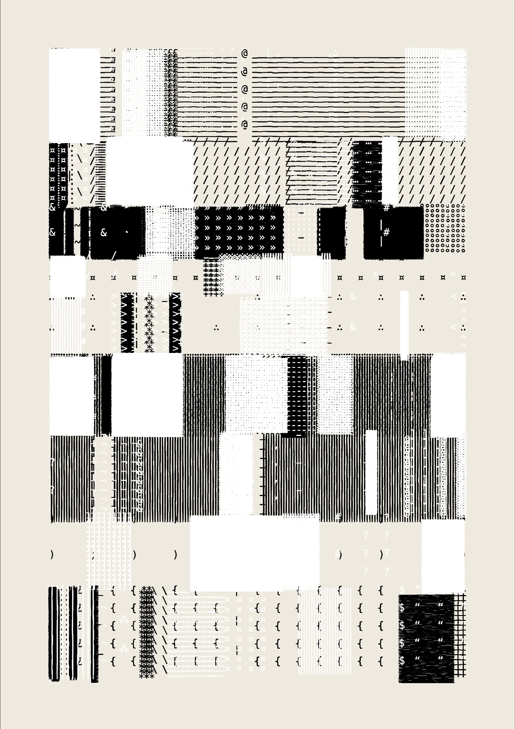 FOLIO is a generative drawing system, inspired by concrete poetry and early computer artwork, that emits an output process for a given input. Each output may be realized digitally, in print, or through another medium. The drawing system, coded in JavaScript, recursively packs bins of data to fill the page, constrained entirely by the use of typographic glyphs and a limited mono-, duo-, or tri-colour palette.