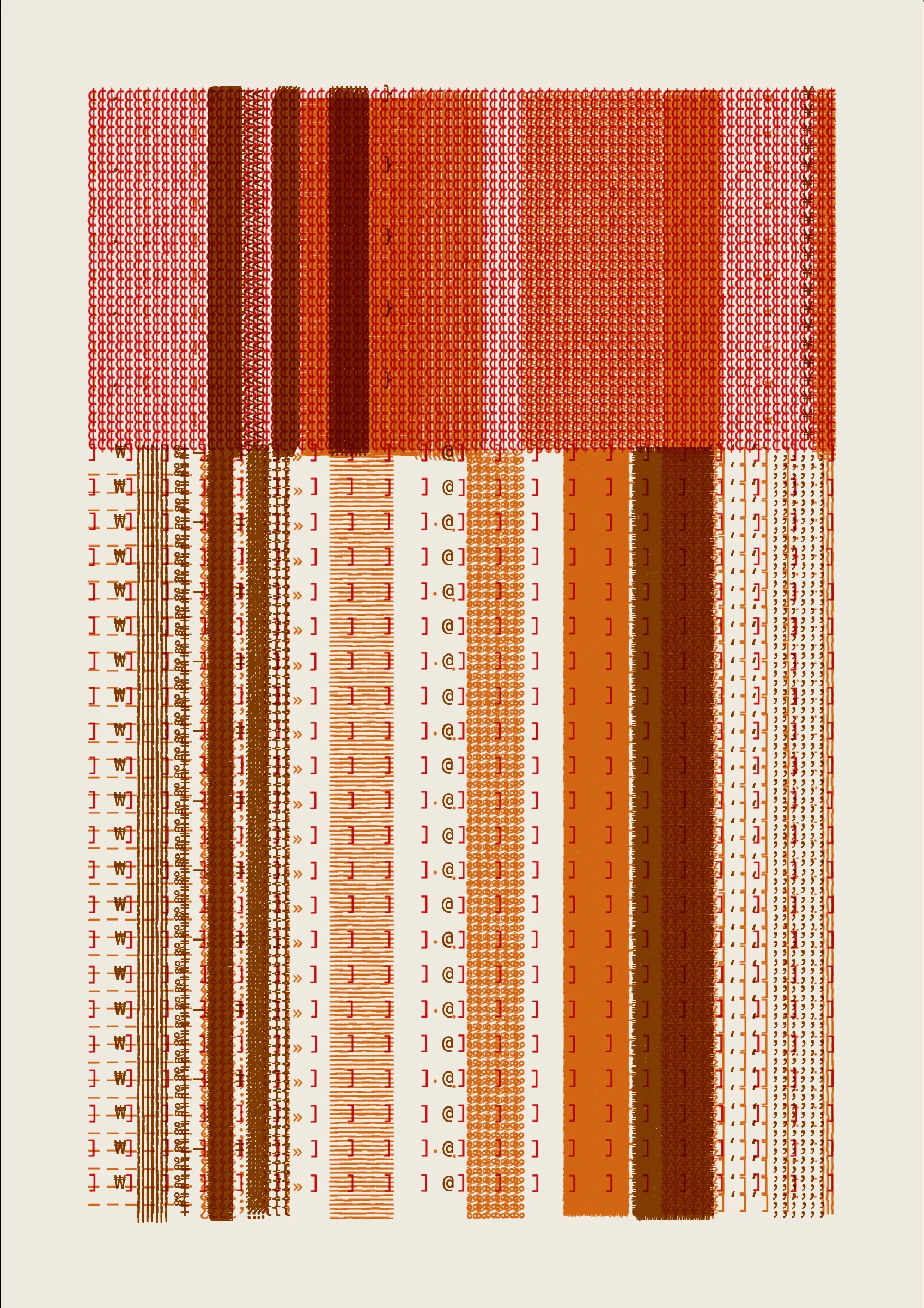 FOLIO is a generative drawing system, inspired by concrete poetry and early computer artwork, that emits an output process for a given input. Each output may be realized digitally, in print, or through another medium. The drawing system, coded in JavaScript, recursively packs bins of data to fill the page, constrained entirely by the use of typographic glyphs and a limited mono-, duo-, or tri-colour palette.