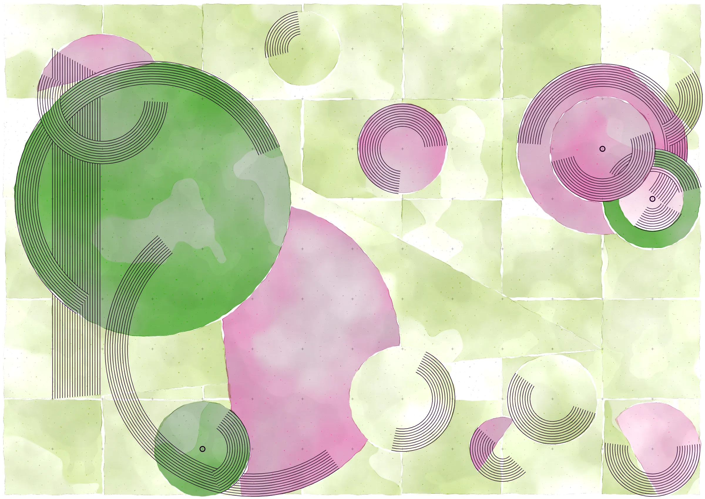 *Inprecision* is exploring the tension between the precision offered by computers and the imperfections inherent in classic art production approaches. The generative system is based on circles and triangles, perfectly aligned with each other and placed on a grid, but rendered with a technique inspired by the look of water color giving a high degree of imperfection in the rendered output. The precision of the underlying system is then again accentuated by a layer of hyper precise line drawings, outlining the used geometries and providing a scaffold for the underlying colors.

*Inprecision* further builds upon my quest to explore emergent compositions in generative systems. The system started with completely random placements of the different geometries, and gradually evolved by putting in the most minimal constraints to ensure an engaging final composition. In that way, *Inprecision* is an exercise in light-touch control with the aim to explore surprising compositions arising from randomness.

This series takes inspiration from both the color and line work of Wassily Kandinsky and the theories in the Suprematism movement. It asks the viewer to meditate on the texture of the paint and paper through its embrace of simple geometry and compositions devoid of literal interpretation.