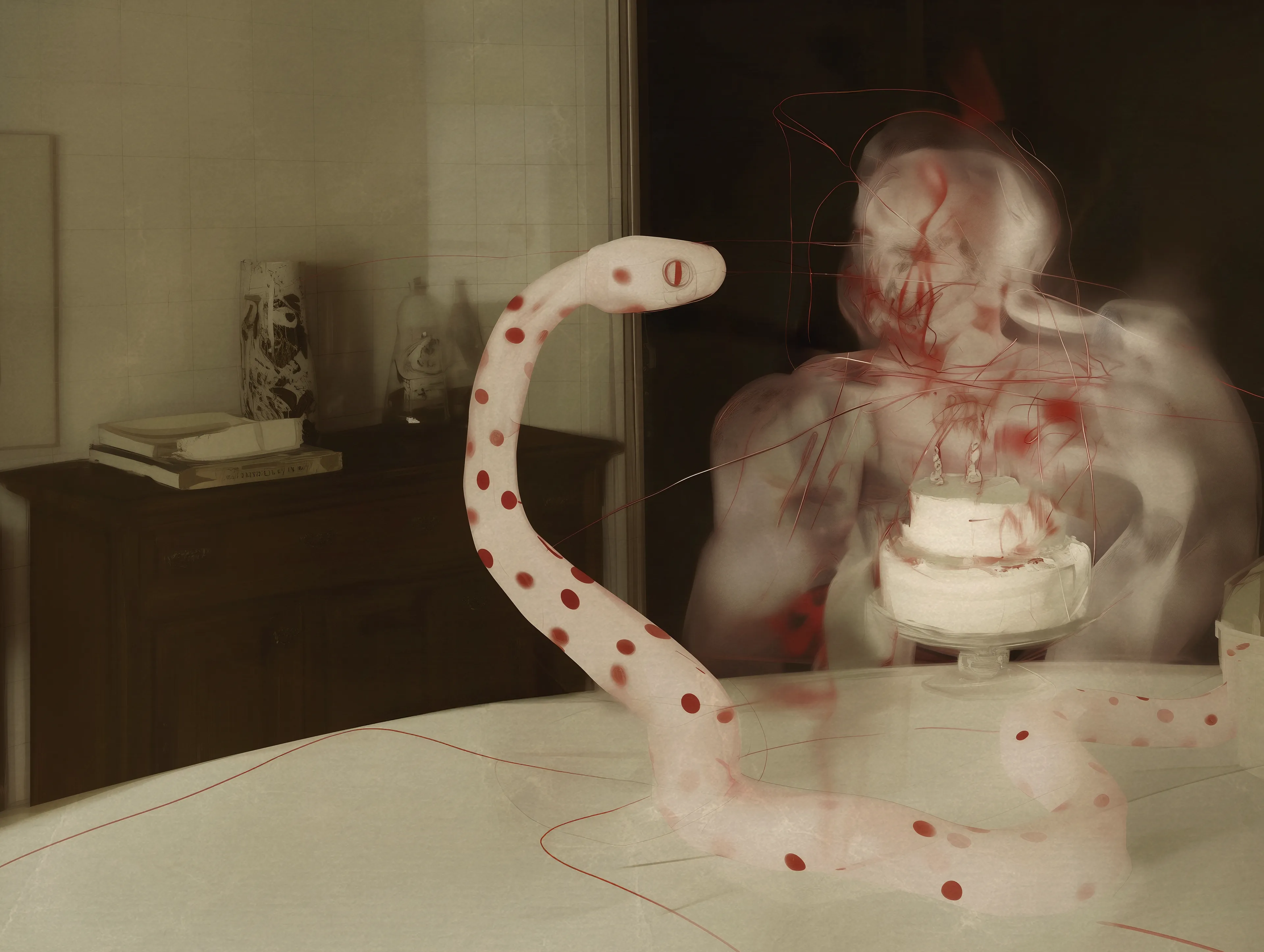 "the classic turning point—30. they say it should feel different, but it’s just another day. like a snake shedding its skin, i’ve evolved, but my core remains the same—the same little girl, forever haunted by the memory of a snake encounter in the kitchen."

lykai  × sketch  × ai  × ps, 2025.
4928 × 3712 px
