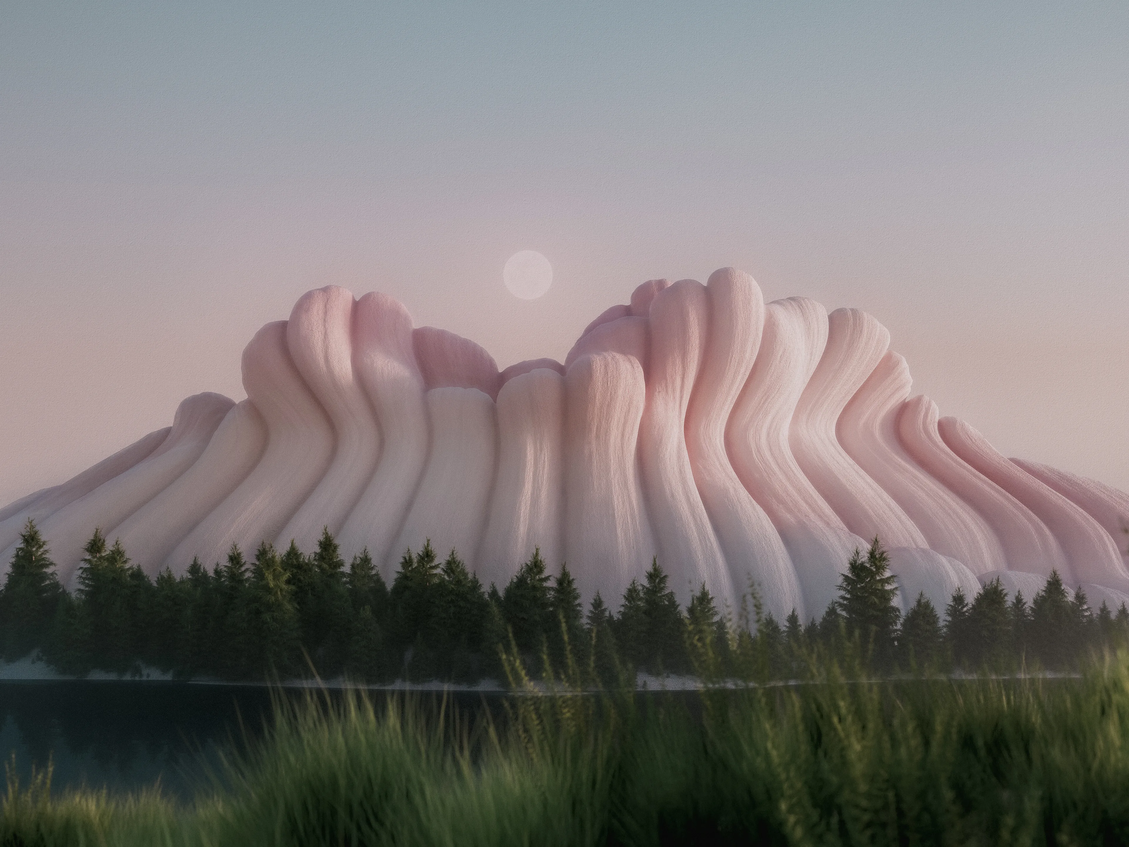 moon rising over a still lake; dream state.