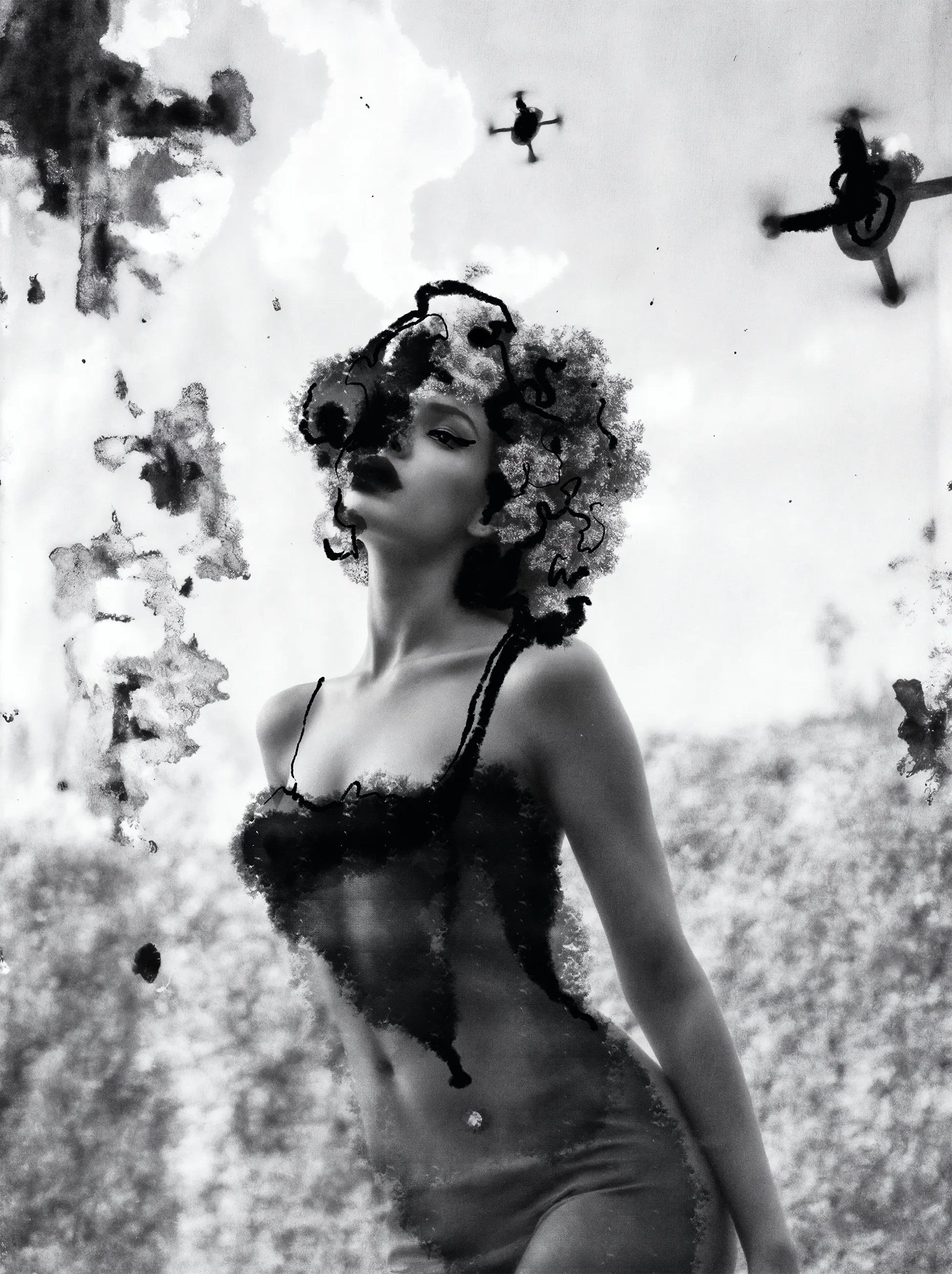 In a garden where drones bloom instead of roses, she stands—a spectral sentinel, born of ink, decay, and desire. Stained and smudged, she is both archive and apparition, listening as drones murmur above. She exists in ink, code, and sound. Matter. Memory. Motion

"Nymphe d’Encre sous Surveillance" is a 1/1 AI-Trained Ink Intervention from The Drones of Suburbia (Paris) by Miss AL Simpson—bridging the analogue with the algorithmic.

Offered as a threefold artefact:

– Memory — the NFT itself, an immutable on-chain record of resistance and beauty;

– Motion — a downloadable WAV of Cryptomusic: ambient, cinematic, composed by AI, and made to haunt the silence of surveillance;

– Matter - Signed A2 Print. Each NFT is paired with a signed A2 Print on Hahnemühle Photo Rag Metallic Paper.  