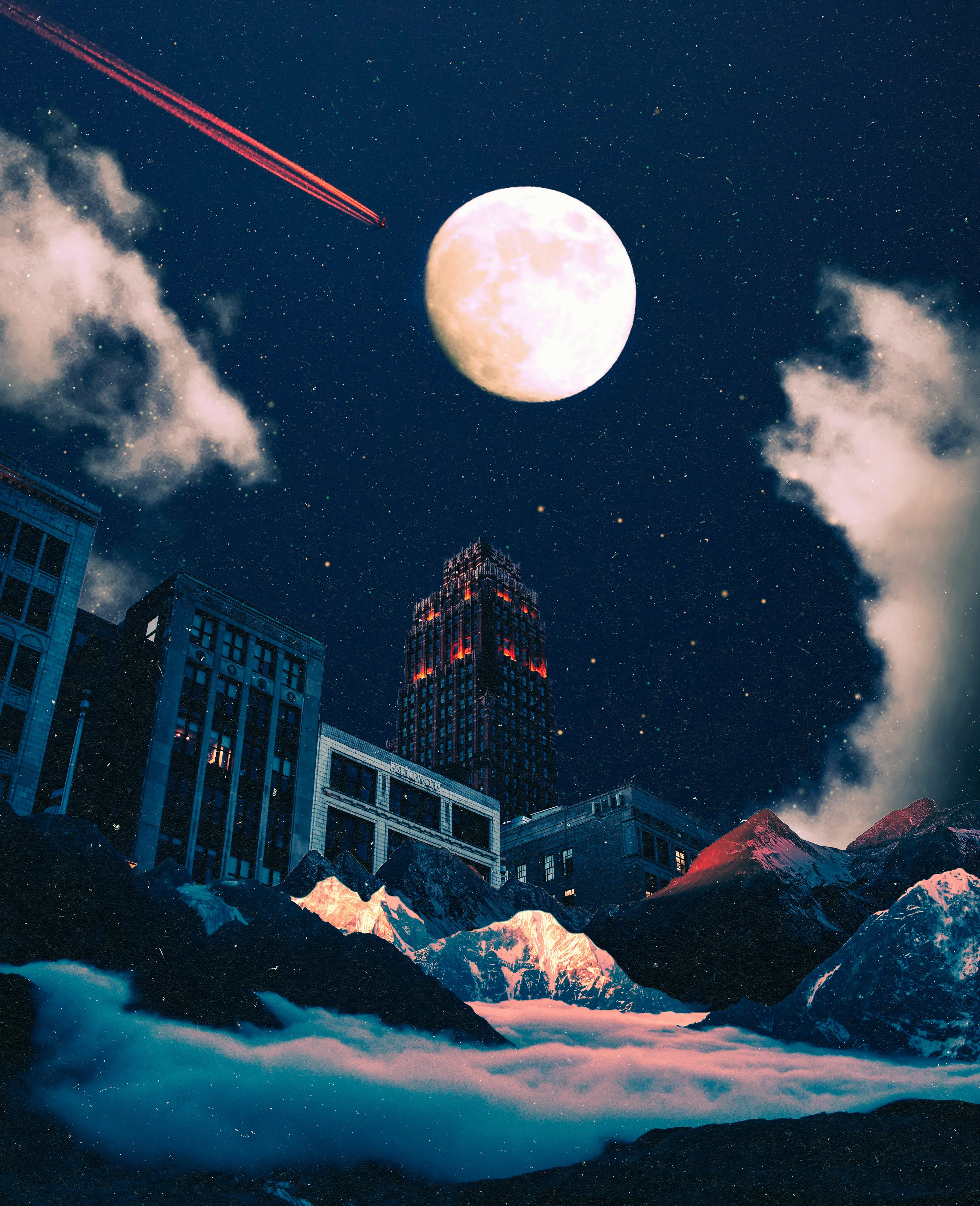 Combining clouds, mountains, and city scapes - The Final Hour, 2022 creates a fantastical blue universe. This piece is an ode to my older work, adding a cityscape (of Detroit nonetheless) with more recent techniques of increased saturation and composition to create an old-meets-new piece of work. This is a 3250x4000 JPG file.