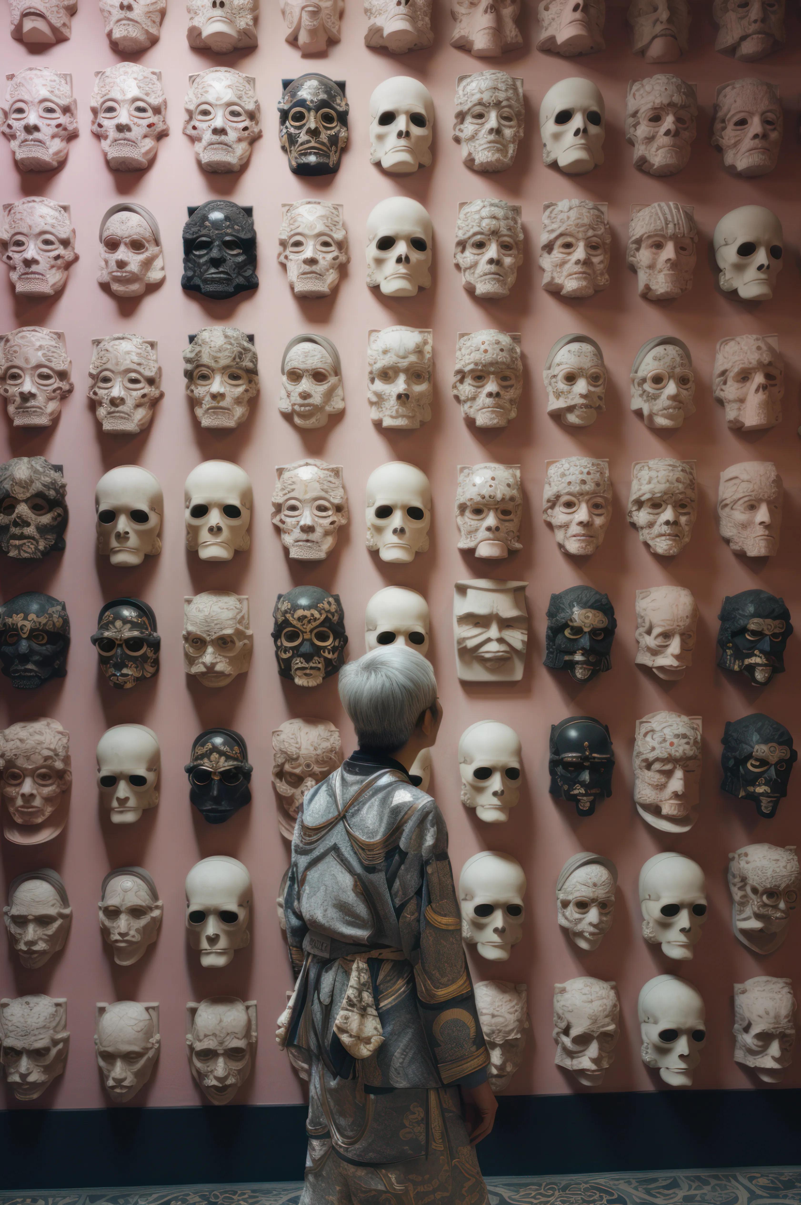 The "Who Am I" wall of masks in this memory palace is inspired by the ideas of exploration of identity, self-perception, and personal growth. Each mask represents different facets of one's personality, experiences, and roles in life. When we find ourselves choosing a different mask on any given day, are we unveiling hidden aspects of our identity?

This piece was created with AI, as part of the latent space exploration of the Memory Palace collection.