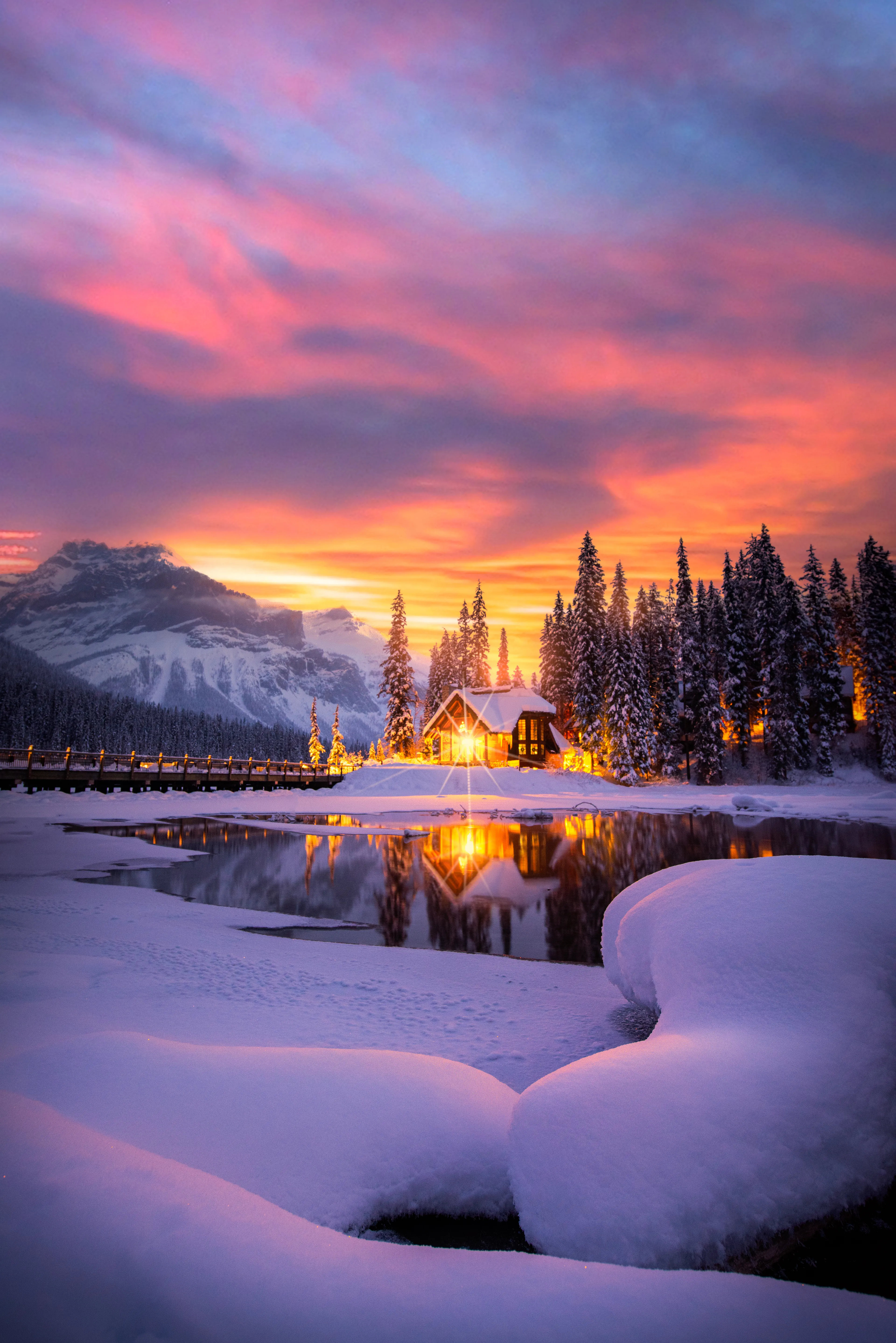 A beautiful pastel sunrise I shot at Emerald Lake Lodge located in the Canadian Rockies. Taken during the long winter freeze when temperatures plummet to below -35c. 