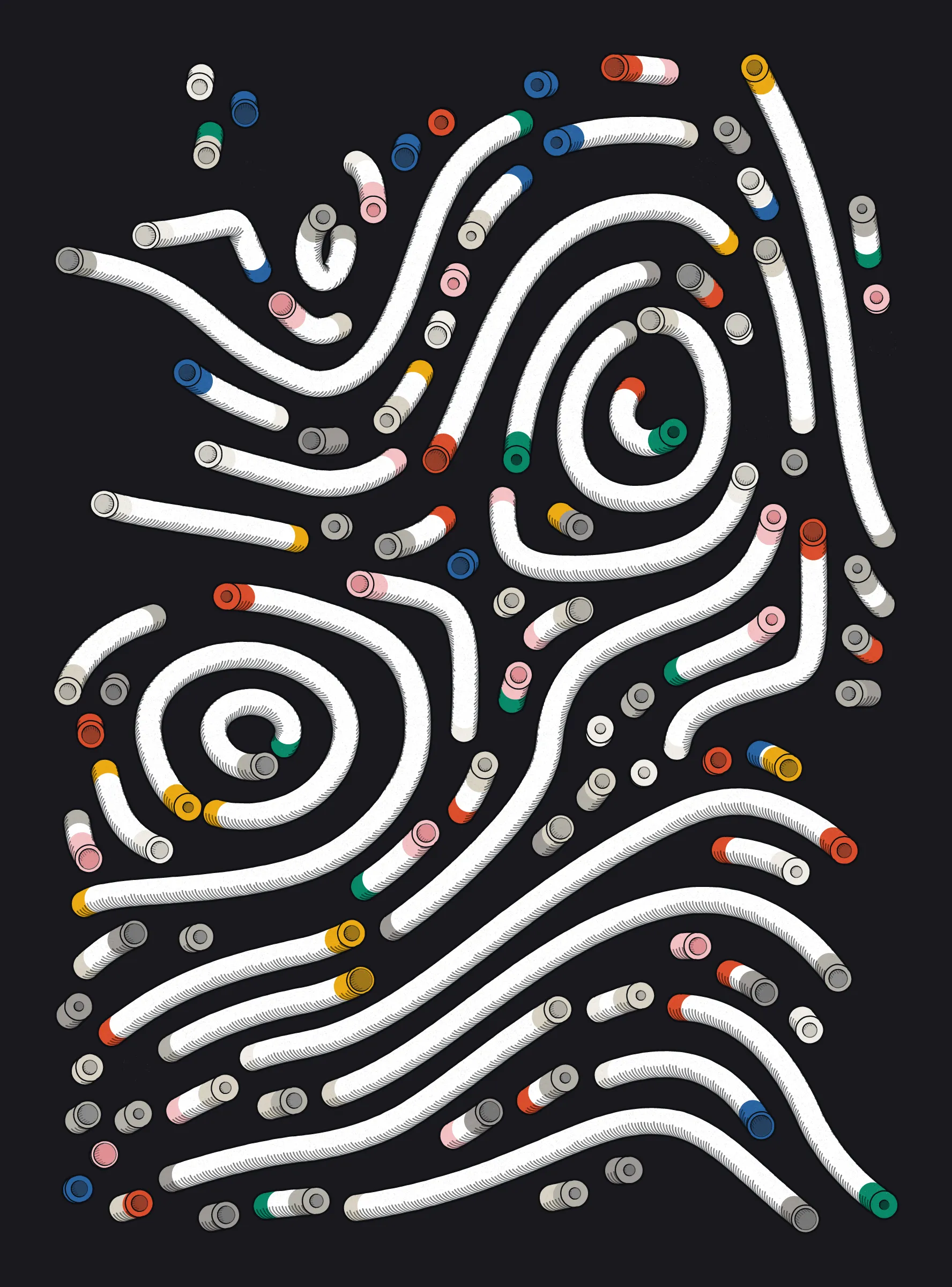 A generative series inspired by childhood memories, play and exploration. The program can use a variety of motions, collision types, colour processes, palettes and scales to create a wide range playful output.