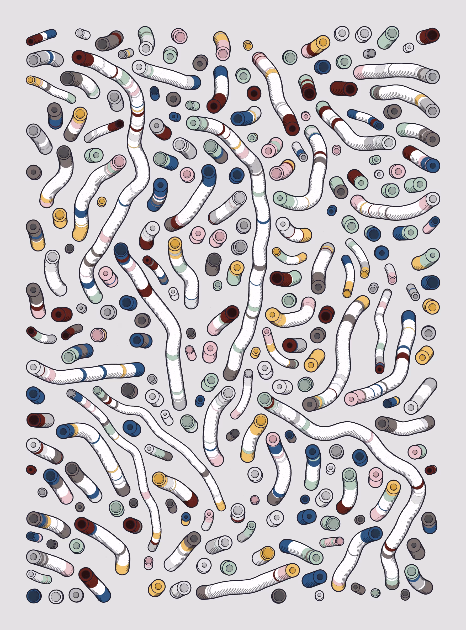 A generative series inspired by childhood memories, play and exploration. The program can use a variety of motions, collision types, colour processes, palettes and scales to create a wide range playful output.