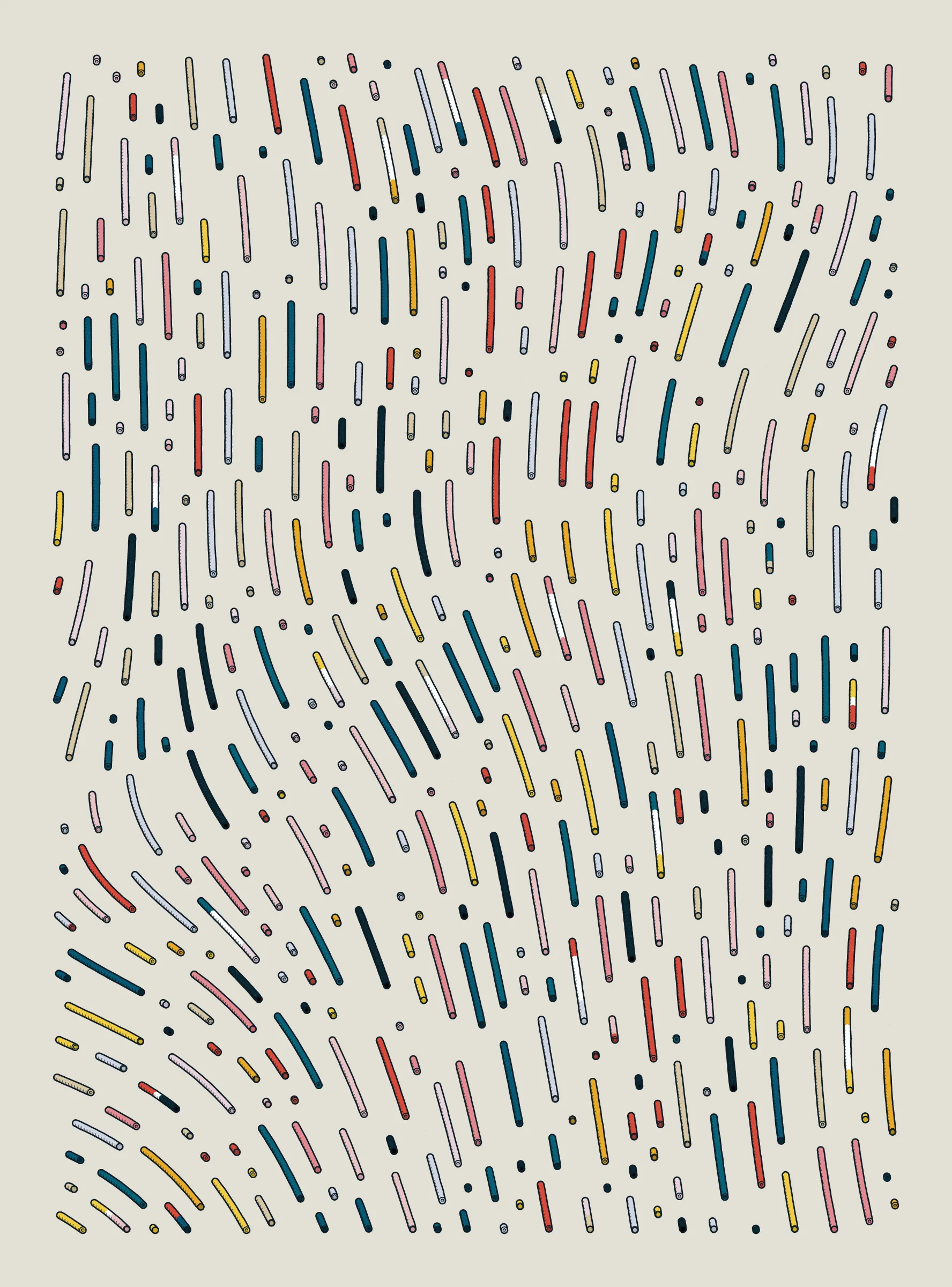 A generative series inspired by childhood memories, play and exploration. The program can use a variety of motions, collision types, colour processes, palettes and scales to create a wide range playful output.