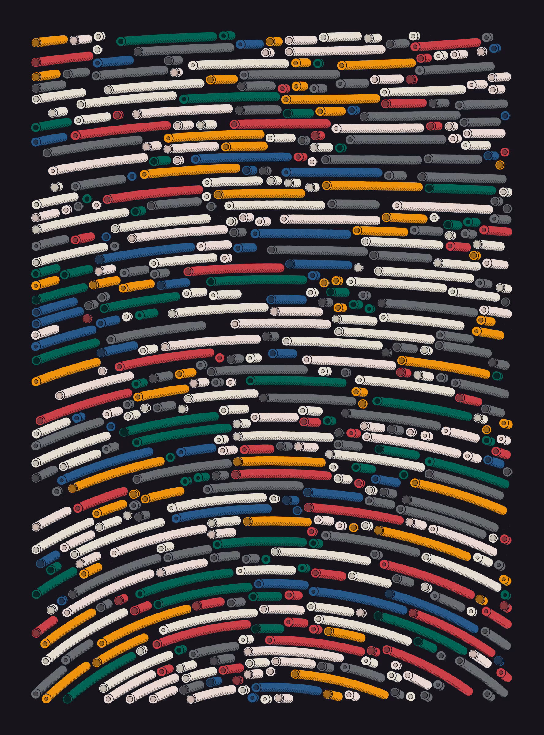 A generative series inspired by childhood memories, play and exploration. The program can use a variety of motions, collision types, colour processes, palettes and scales to create a wide range playful output.