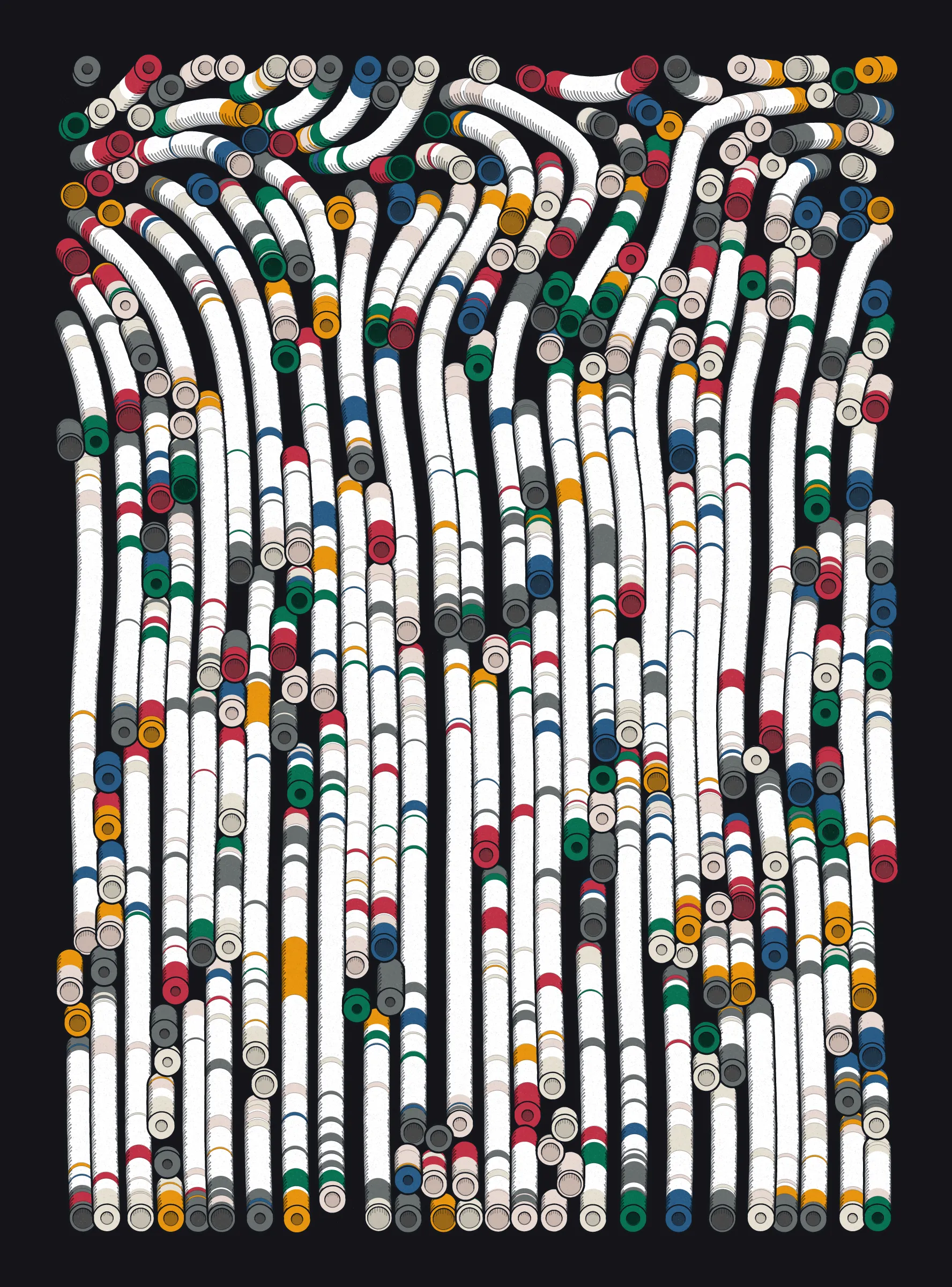 A generative series inspired by childhood memories, play and exploration. The program can use a variety of motions, collision types, colour processes, palettes and scales to create a wide range playful output.