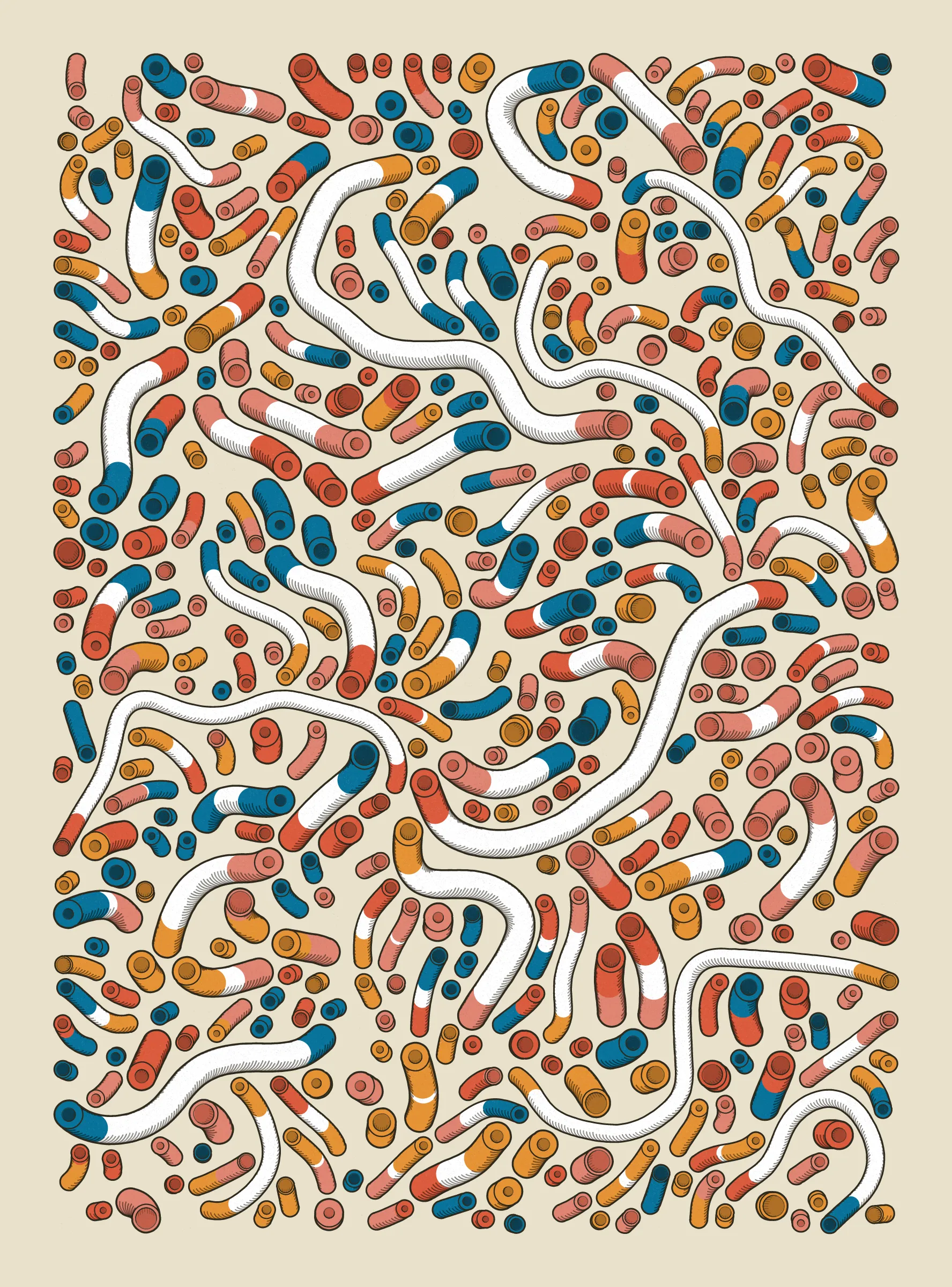 A generative series inspired by childhood memories, play and exploration. The program can use a variety of motions, collision types, colour processes, palettes and scales to create a wide range playful output.