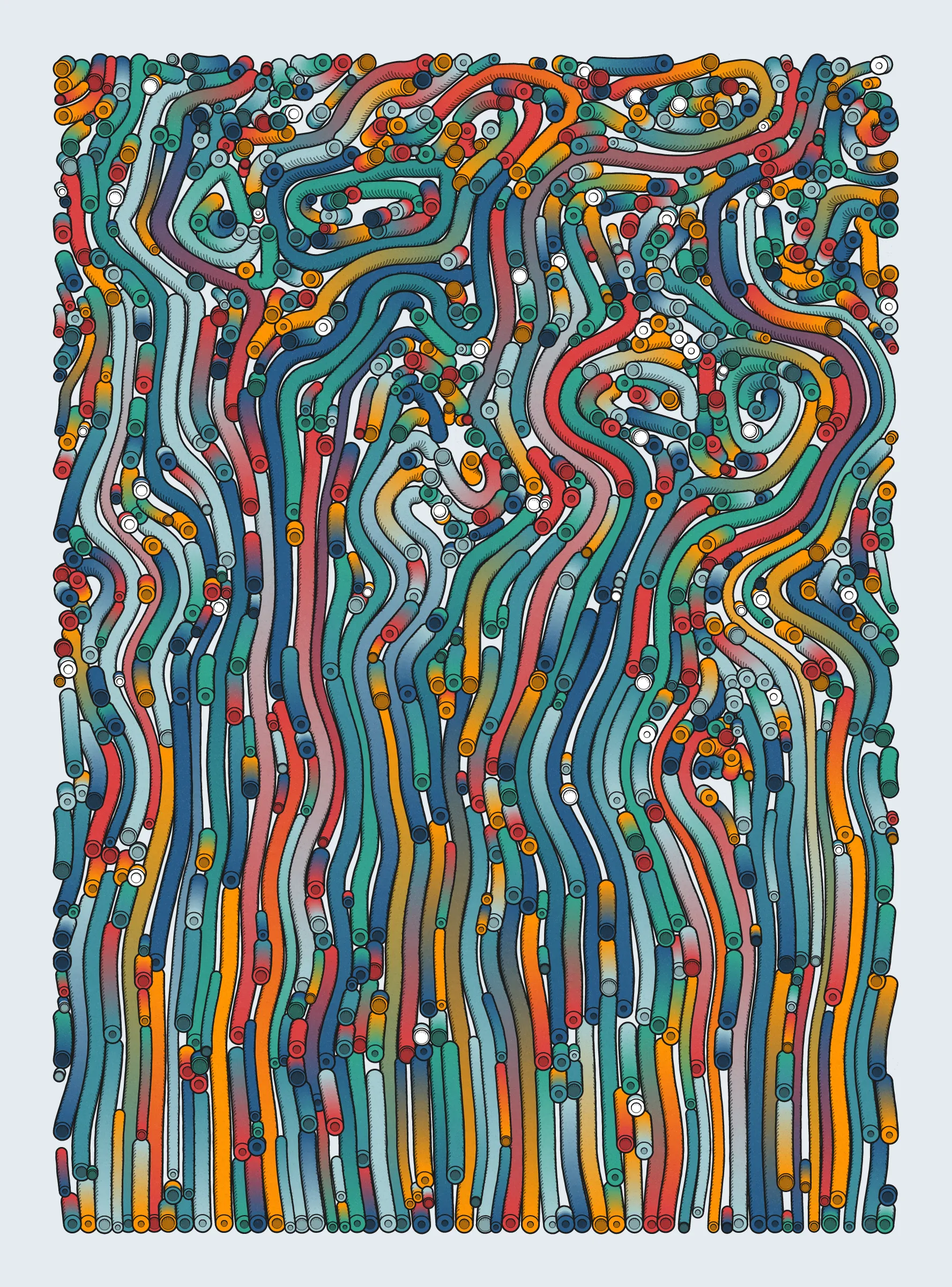 A generative series inspired by childhood memories, play and exploration. The program can use a variety of motions, collision types, colour processes, palettes and scales to create a wide range playful output.