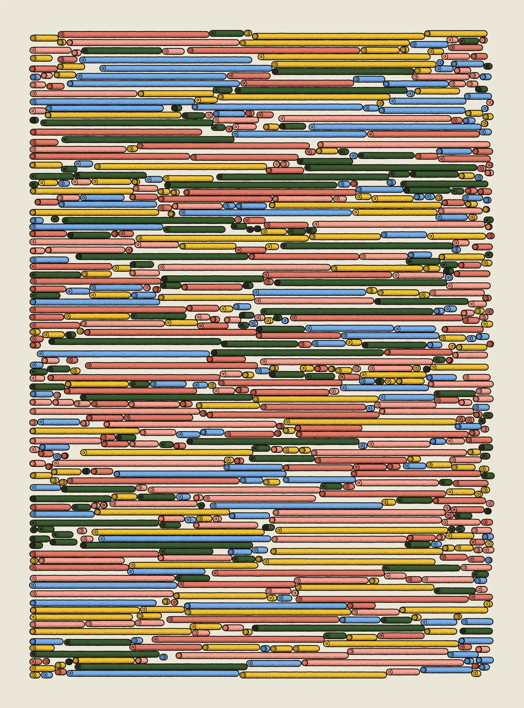 A generative series inspired by childhood memories, play and exploration. The program can use a variety of motions, collision types, colour processes, palettes and scales to create a wide range playful output.