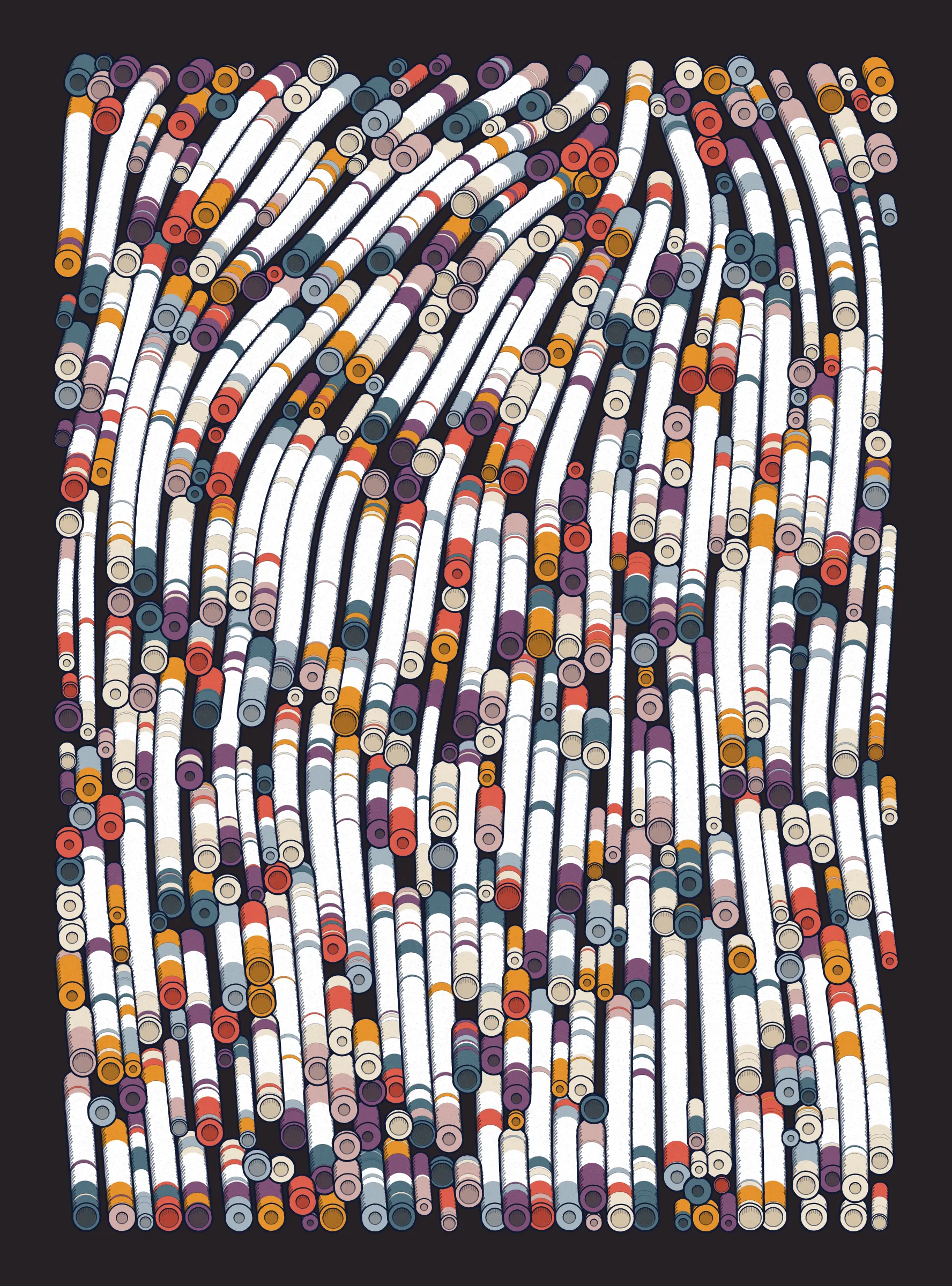 A generative series inspired by childhood memories, play and exploration. The program can use a variety of motions, collision types, colour processes, palettes and scales to create a wide range playful output.